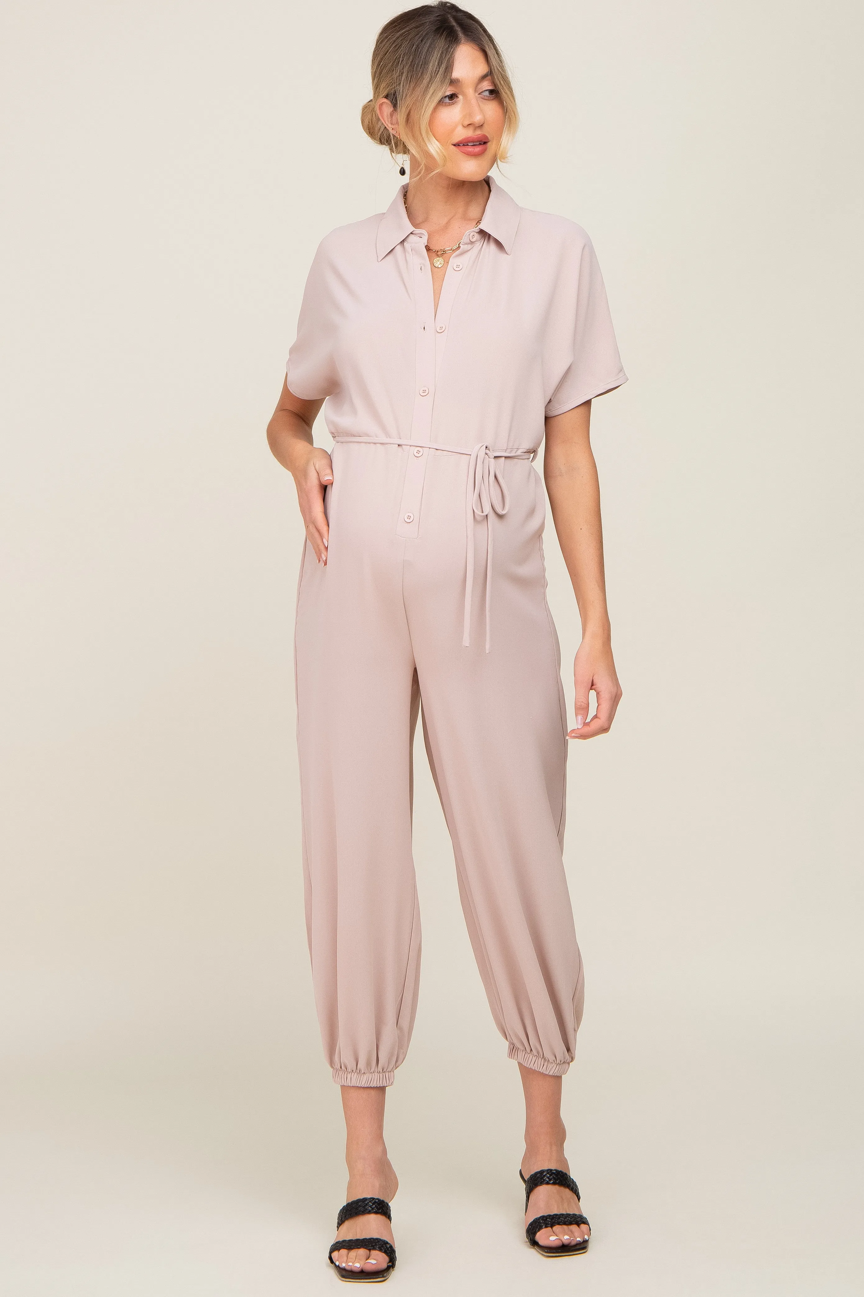 Beige Button Up Maternity Jumpsuit sold by Pinkblush product image thumbnail 5