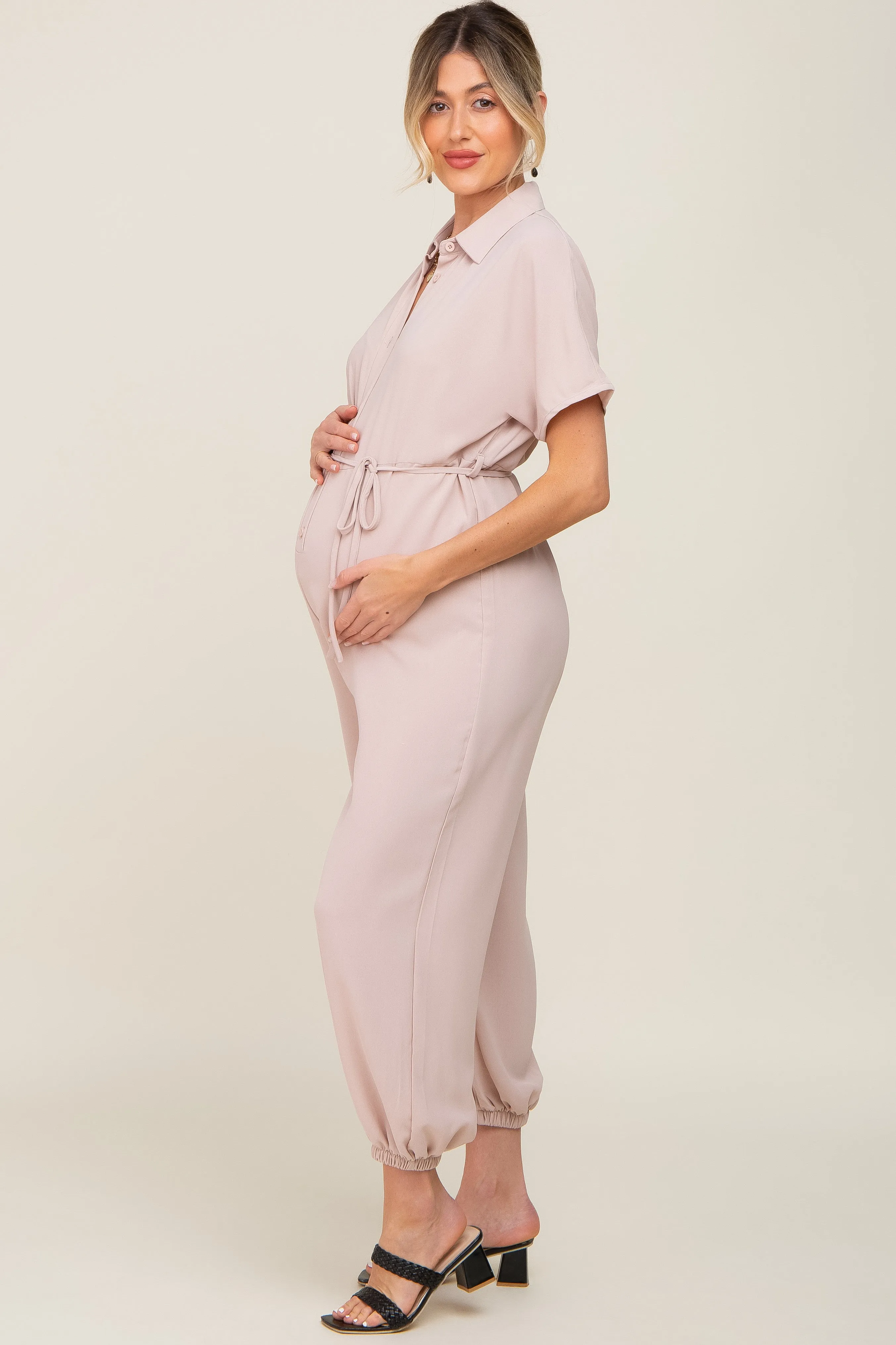 Beige Button Up Maternity Jumpsuit sold by Pinkblush product image thumbnail 2