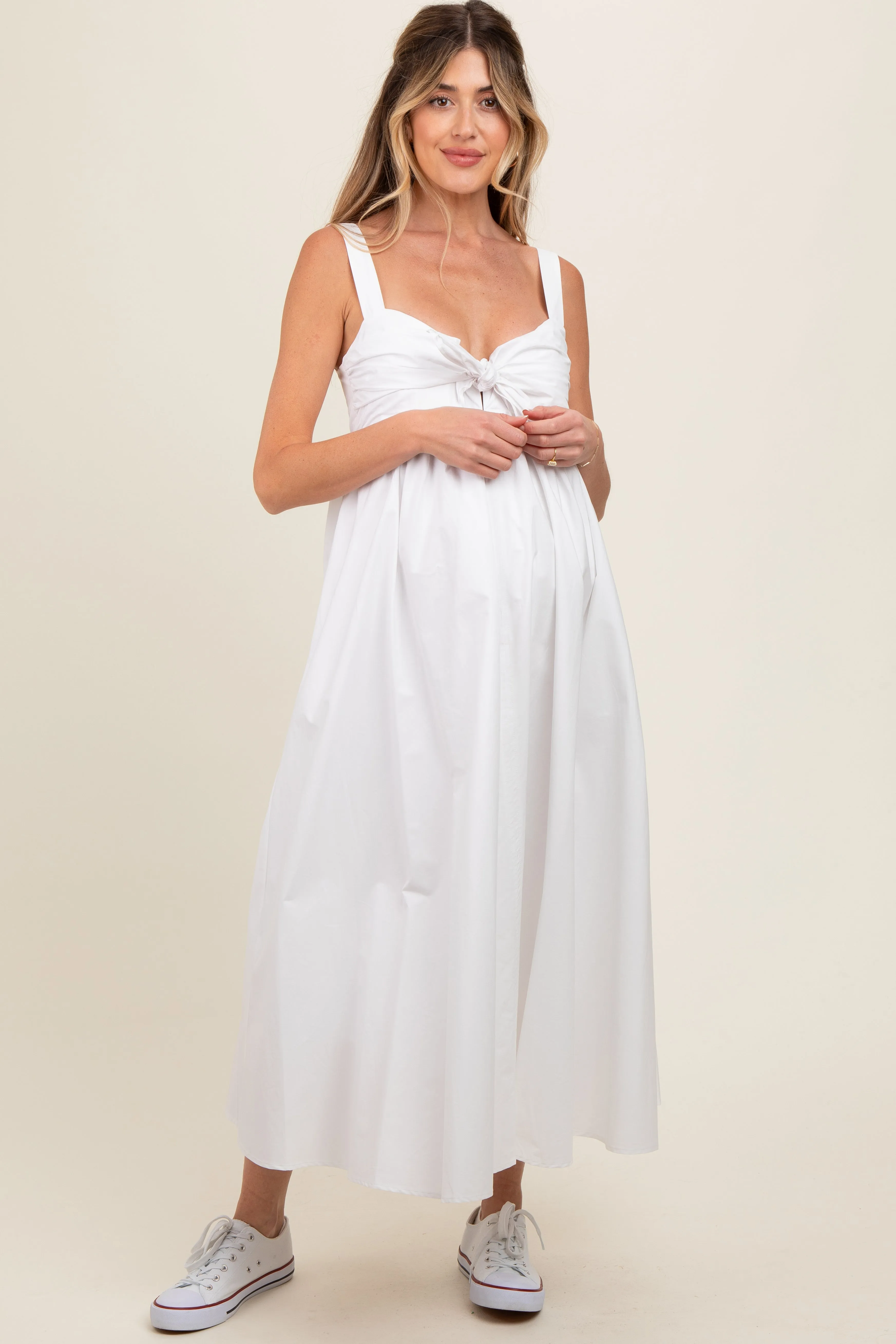 White Front Tie Sleeveless Maternity Midi Dress sold by Pinkblush product image thumbnail 3