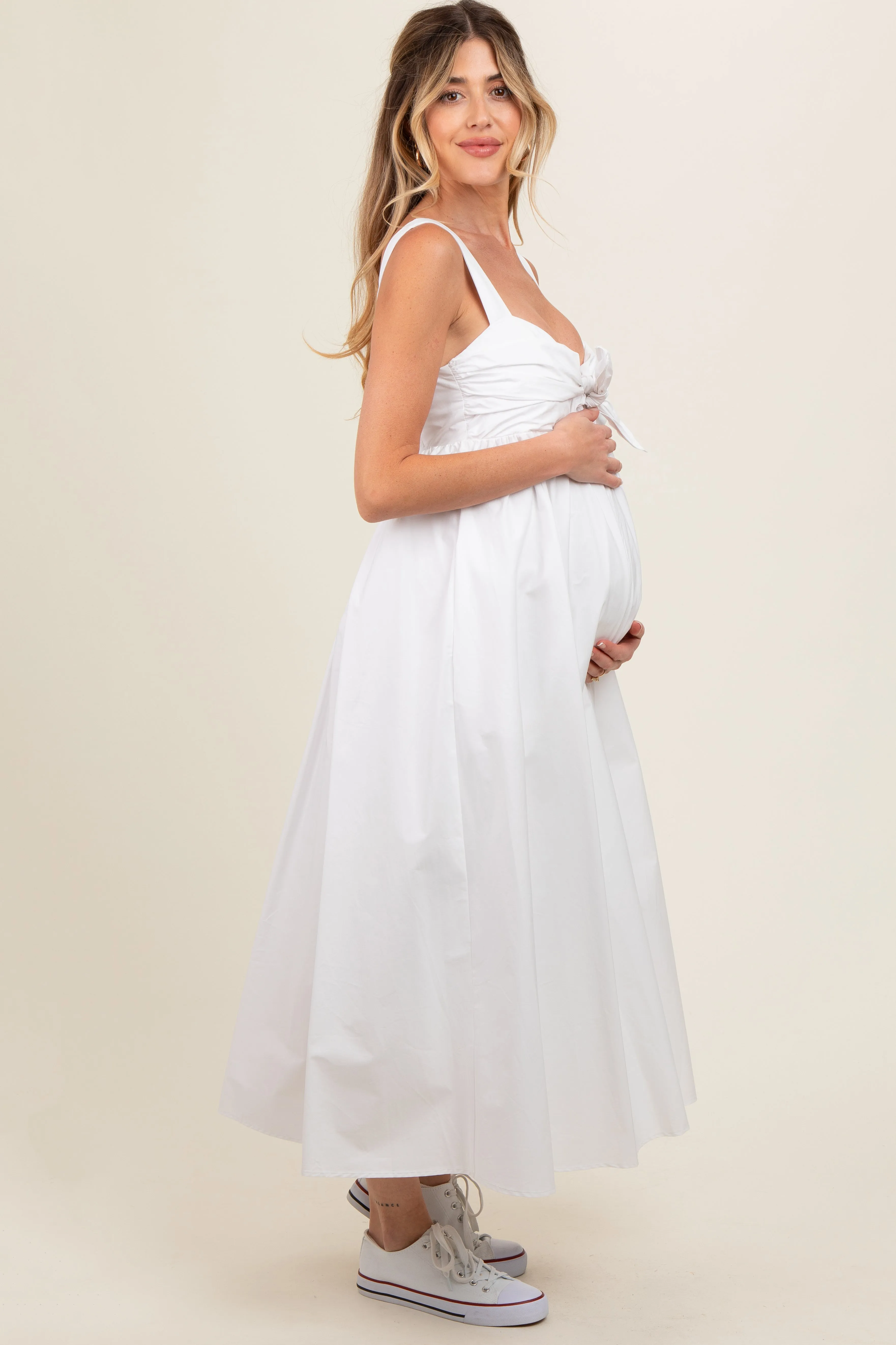 White Front Tie Sleeveless Maternity Midi Dress sold by Pinkblush product image thumbnail 4