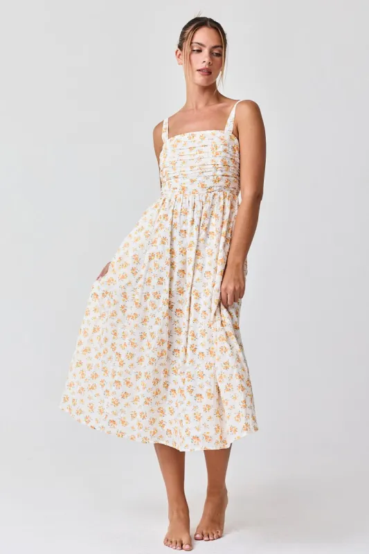 Orange Floral Textured Dot Square Neck Midi Dress sold by Pinkblush