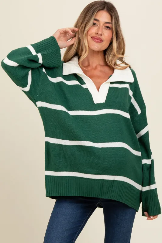 Forest Green Striped Collared Maternity Sweater sold by Pinkblush