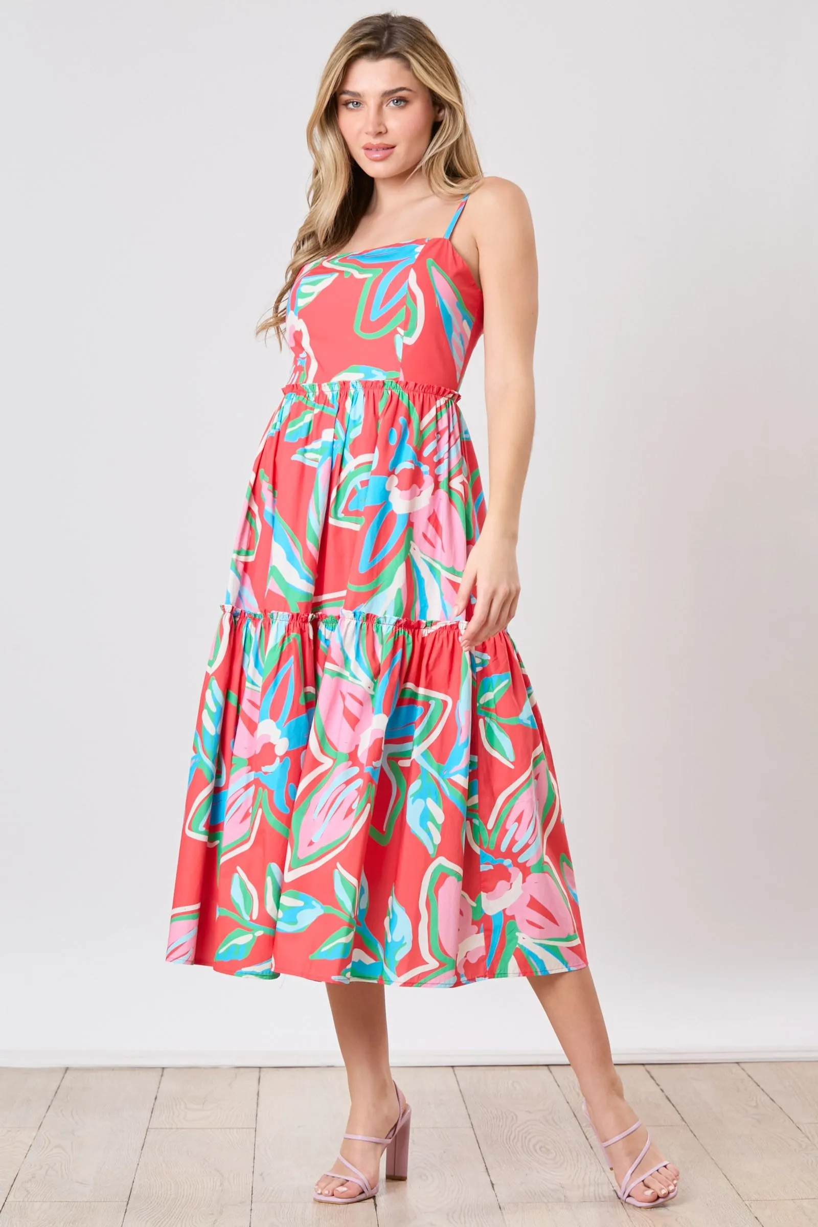 Red Multi Floral Print Tiered Midi Dress sold by Pinkblush