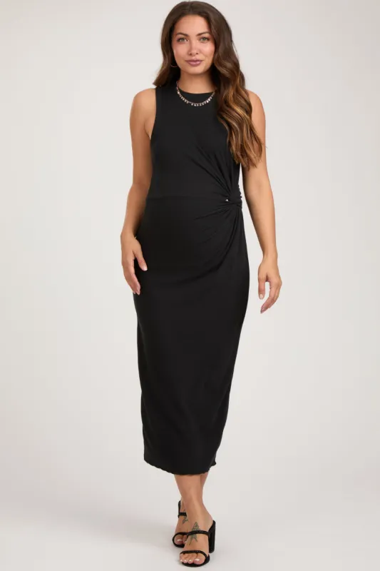 Black Rib Knit Sleeveless Side Twist Maternity Midi Dress sold by Pinkblush