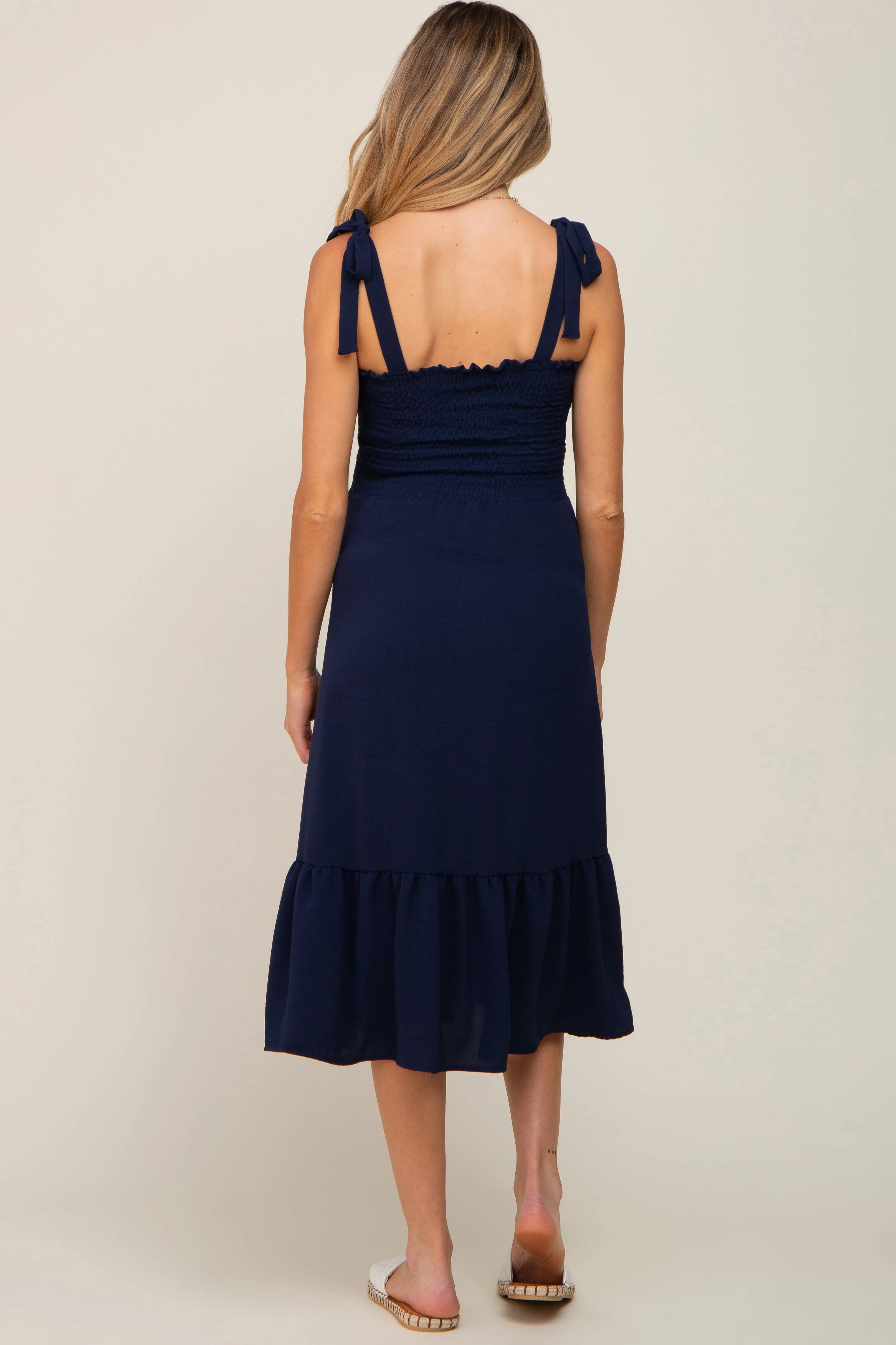 Navy Smocked Shoulder Tie Maternity Midi Dress sold by Pinkblush product image thumbnail 3