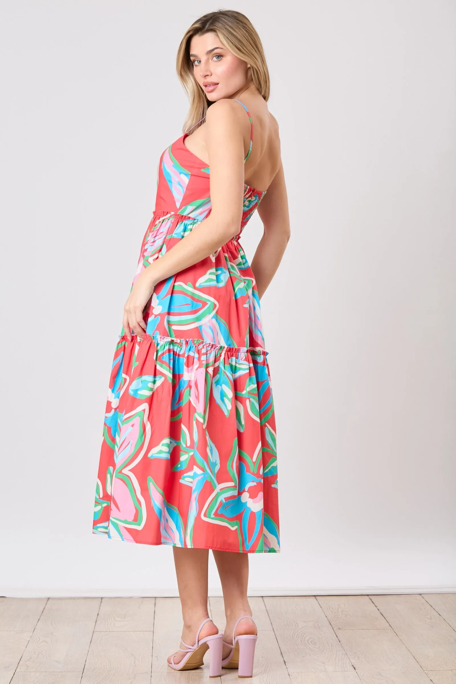 Red Multi Floral Print Tiered Midi Dress sold by Pinkblush product image thumbnail 5