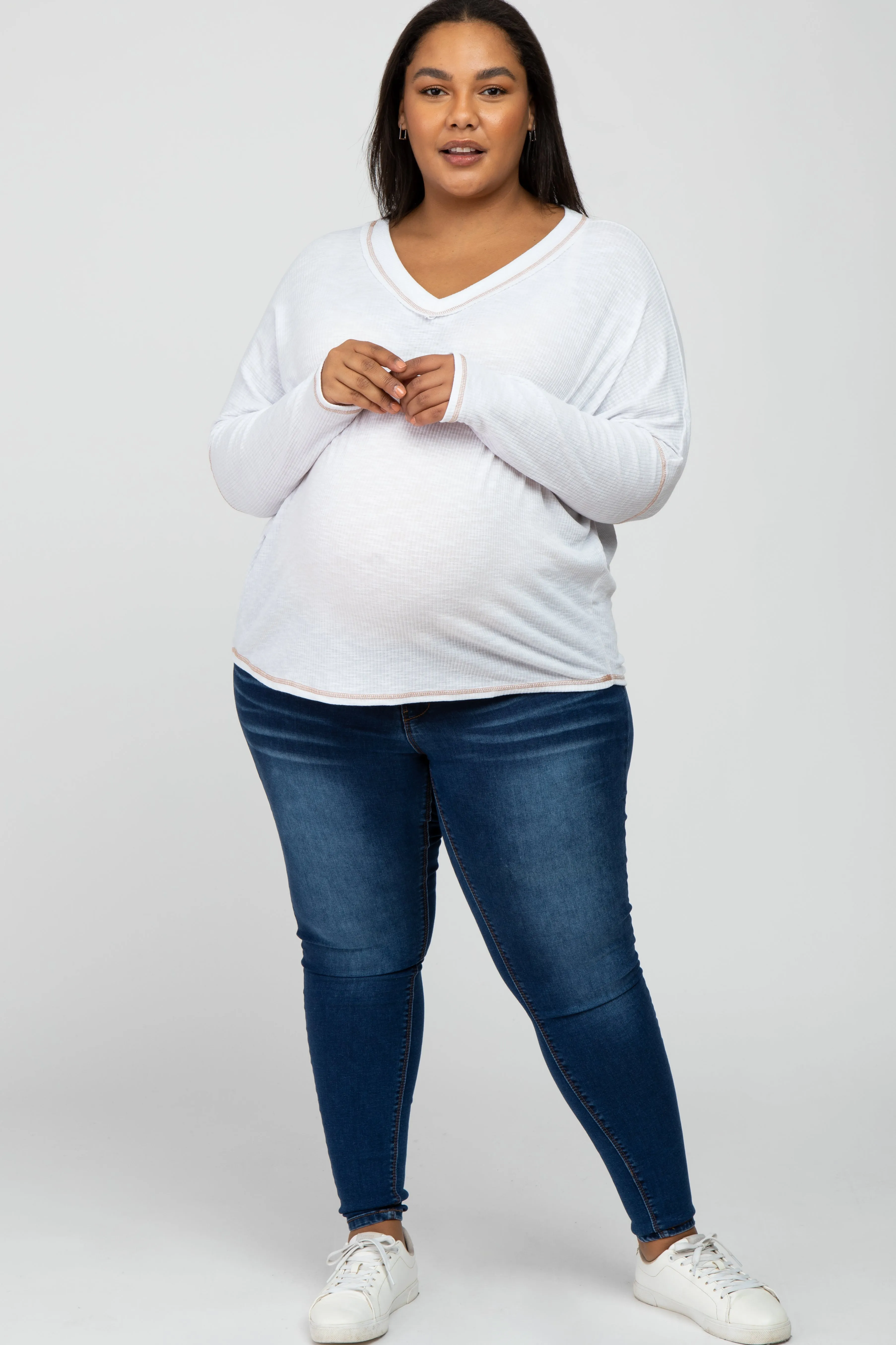 Ivory Contrast Stitch Maternity Plus Dolman Sleeve Top sold by Pinkblush