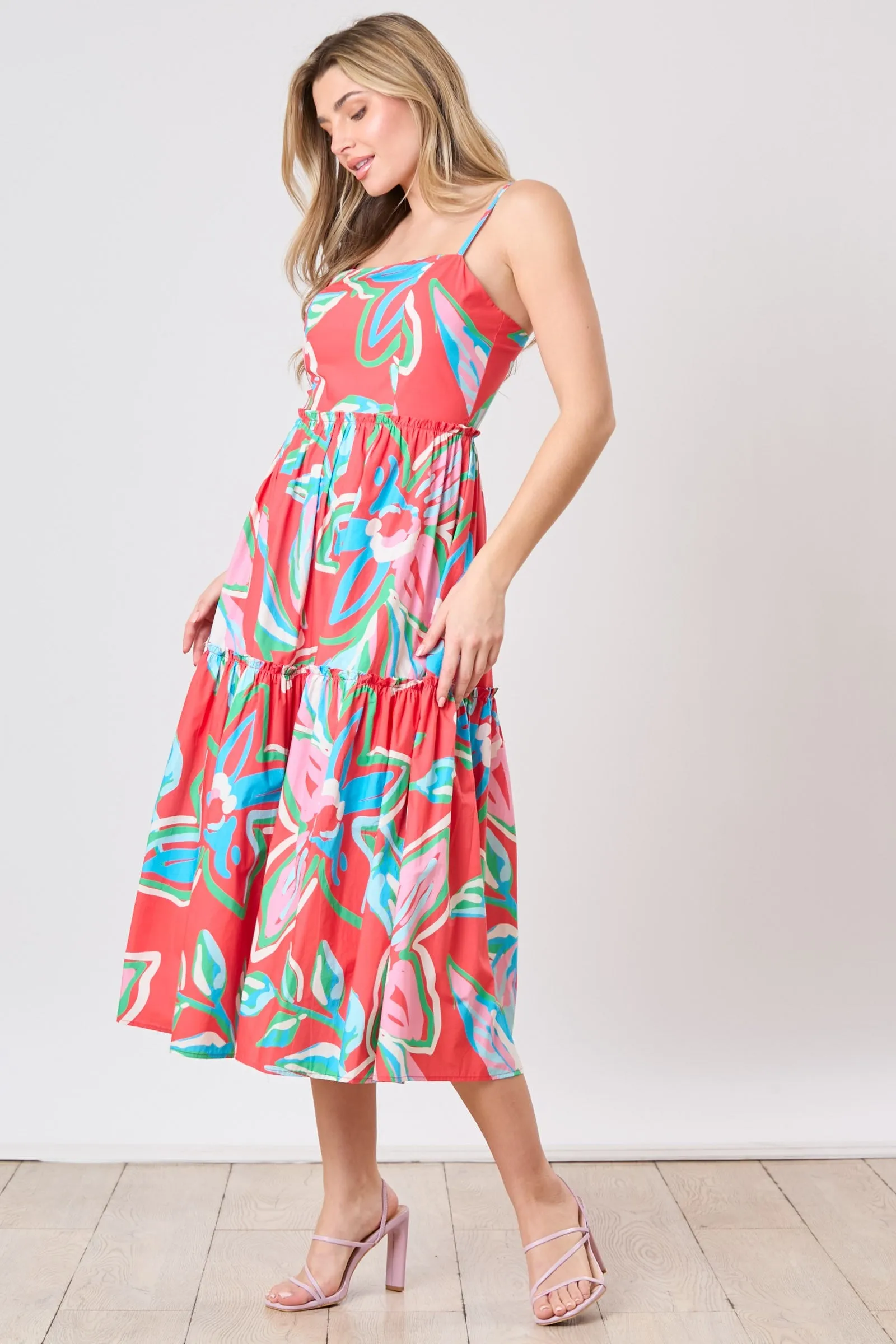 Red Multi Floral Print Tiered Midi Dress sold by Pinkblush product image thumbnail 3