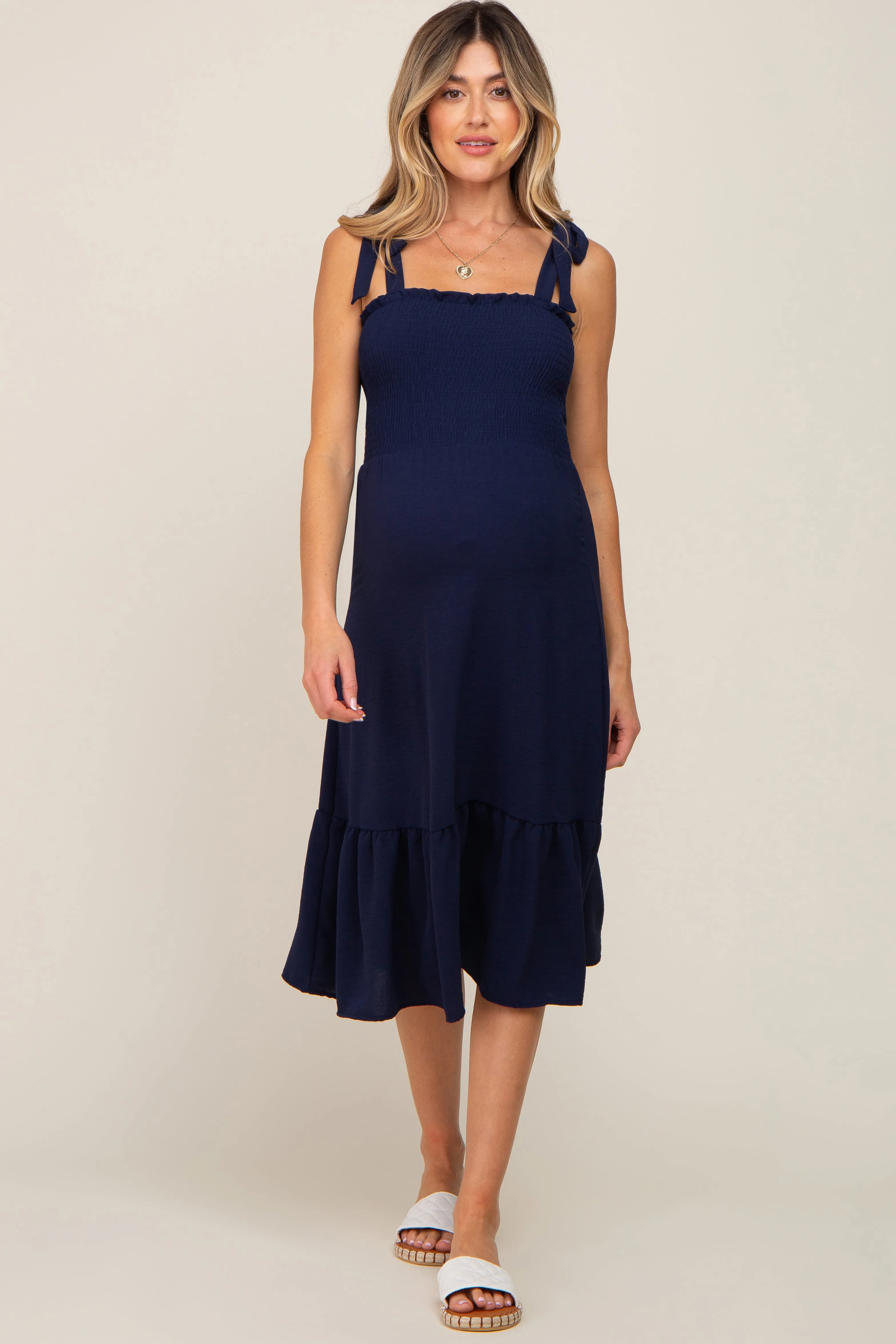 Navy Smocked Shoulder Tie Maternity Midi Dress sold by Pinkblush product image thumbnail 5