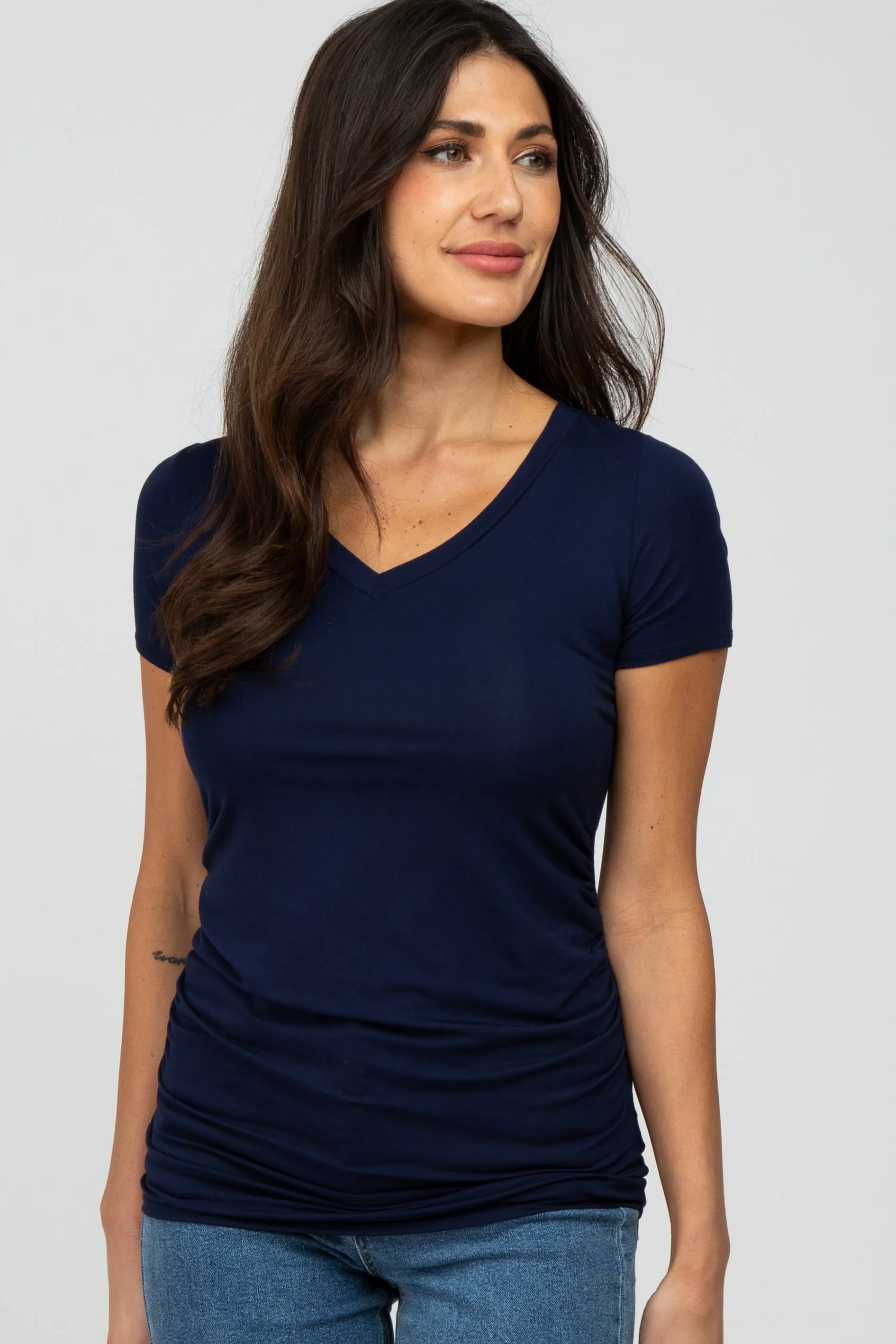 Navy Blue V-Neck Ruched Side Top sold by Pinkblush