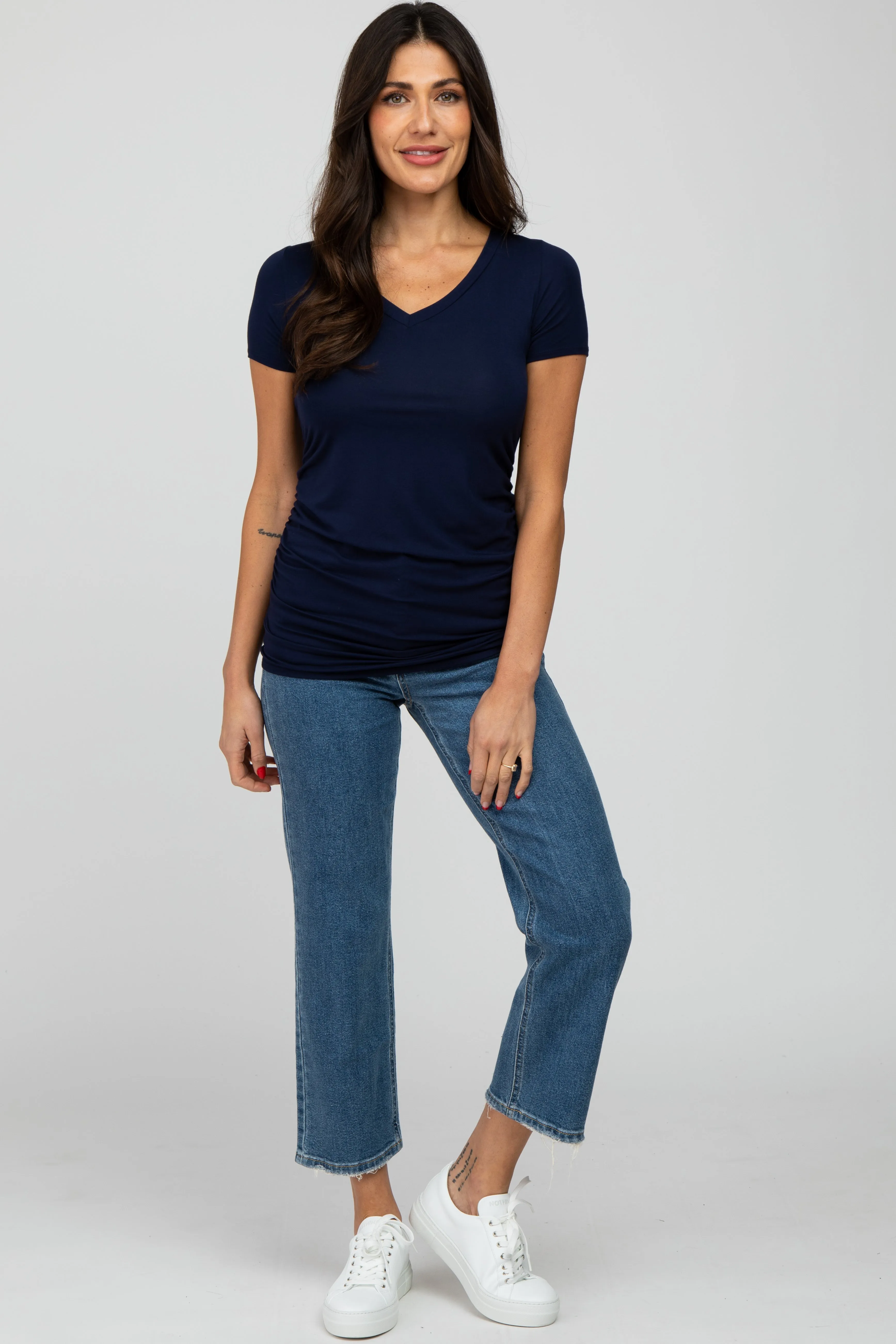 Navy Blue V-Neck Ruched Side Top sold by Pinkblush product image thumbnail 2