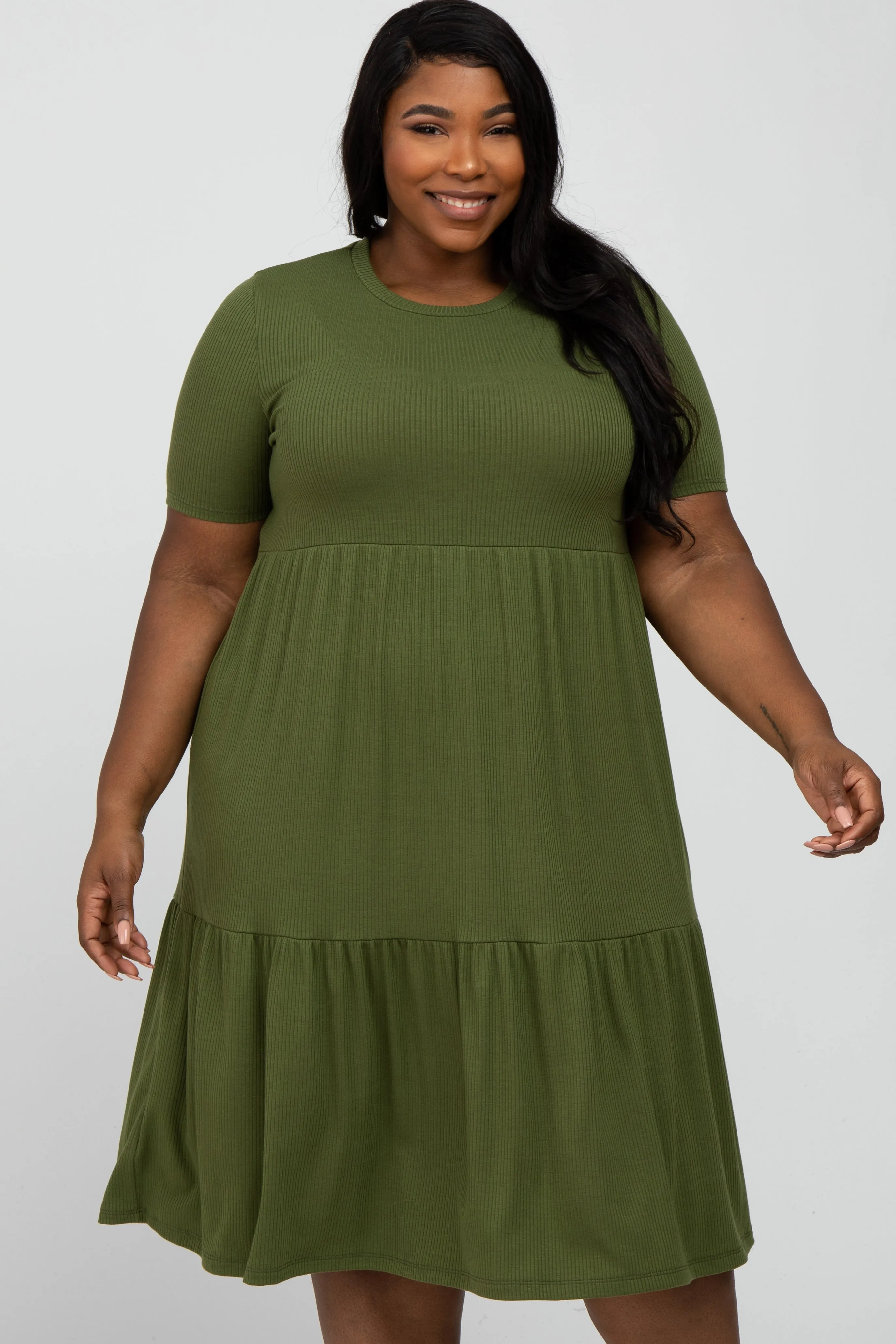 Olive Ribbed Tiered Plus Dress sold by Pinkblush product image thumbnail 2