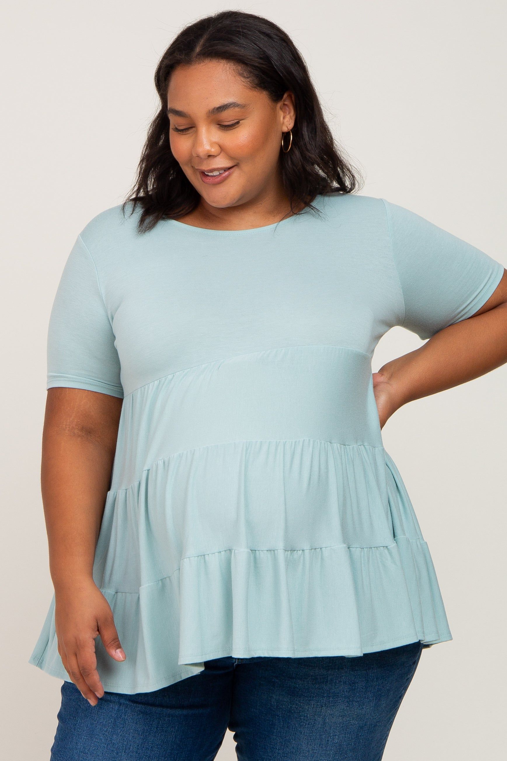Mint Green Tiered Maternity Plus Short Sleeve Top sold by Pinkblush