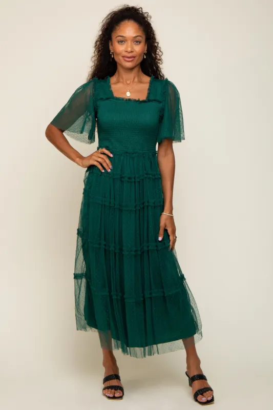 Forest Green Ruffled Mesh Maxi Dress sold by Pinkblush