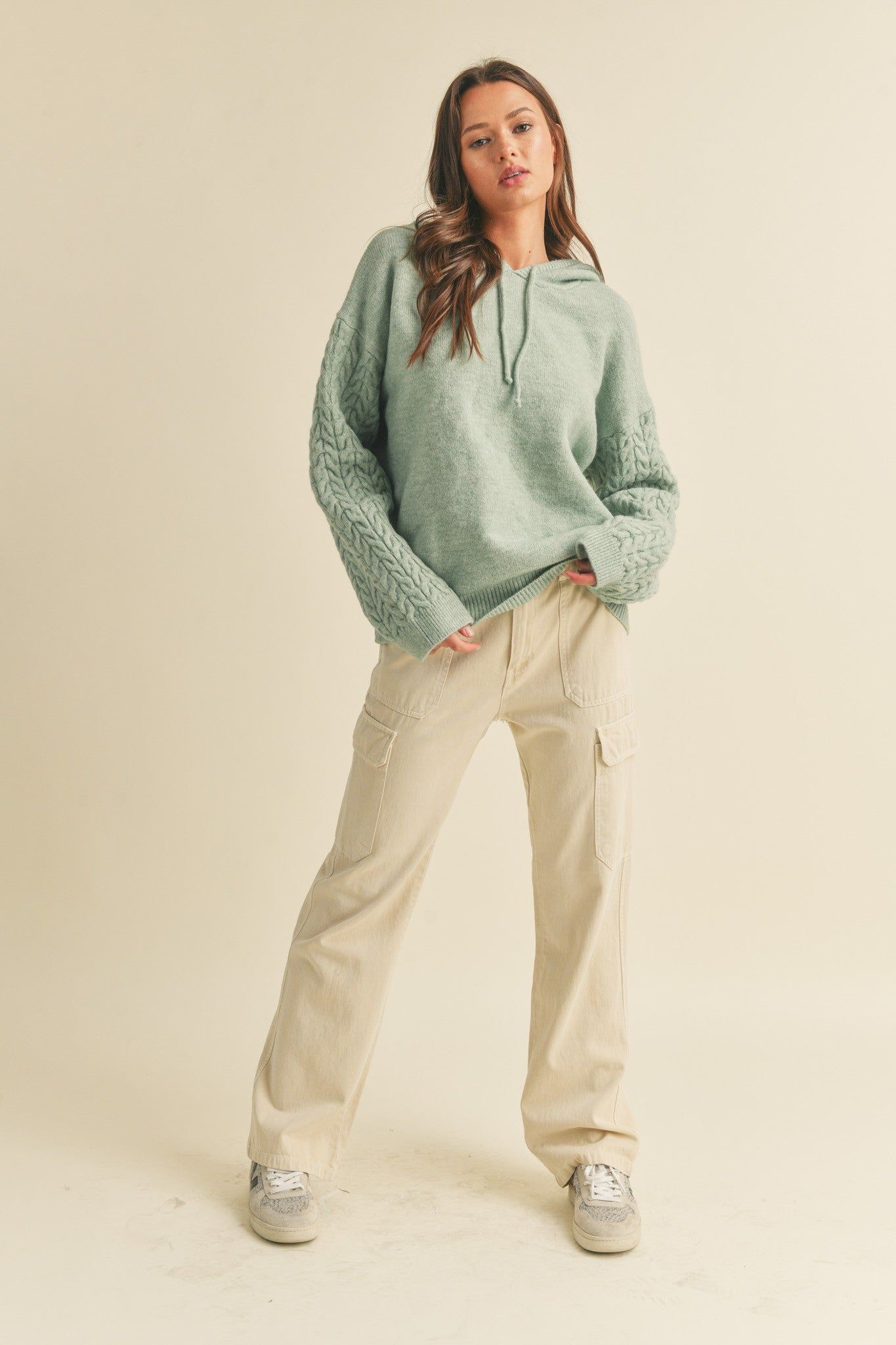 Mint Green Mixed Knit Hooded Sweater sold by Pinkblush product image thumbnail 3