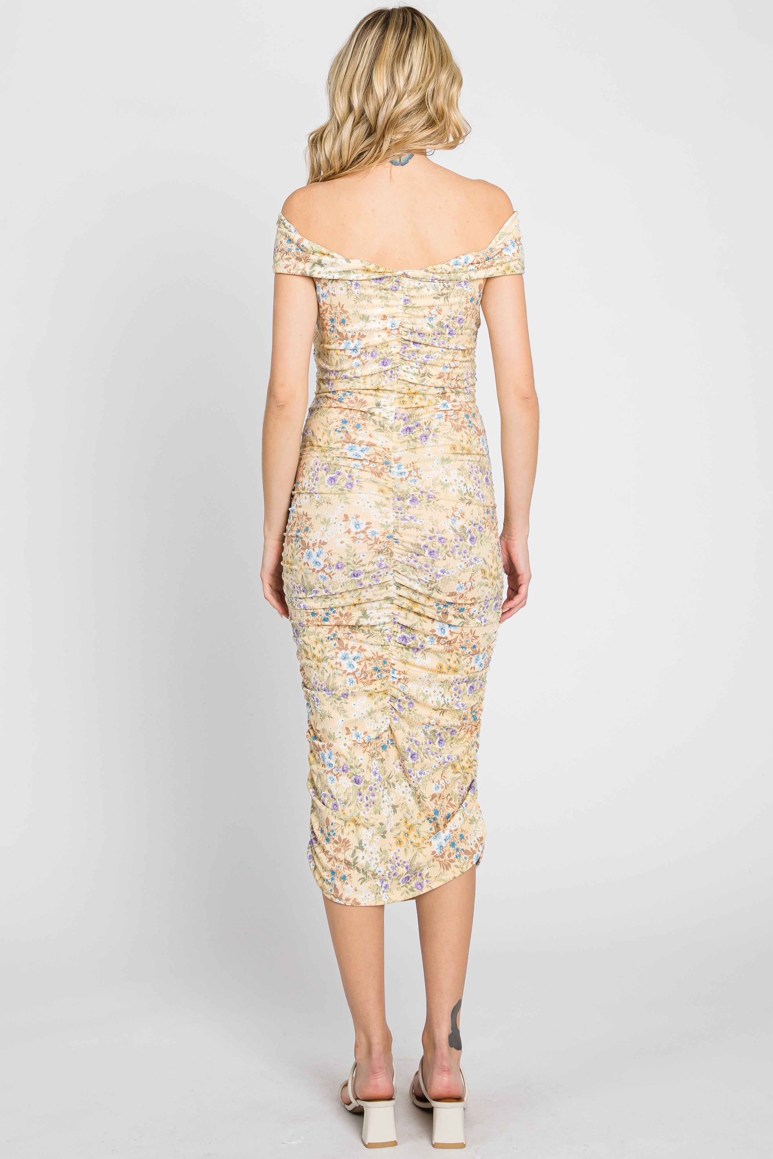 Yellow Floral Ribbed Ruched Off Shoulder Mid Dress sold by Pinkblush product image thumbnail 5