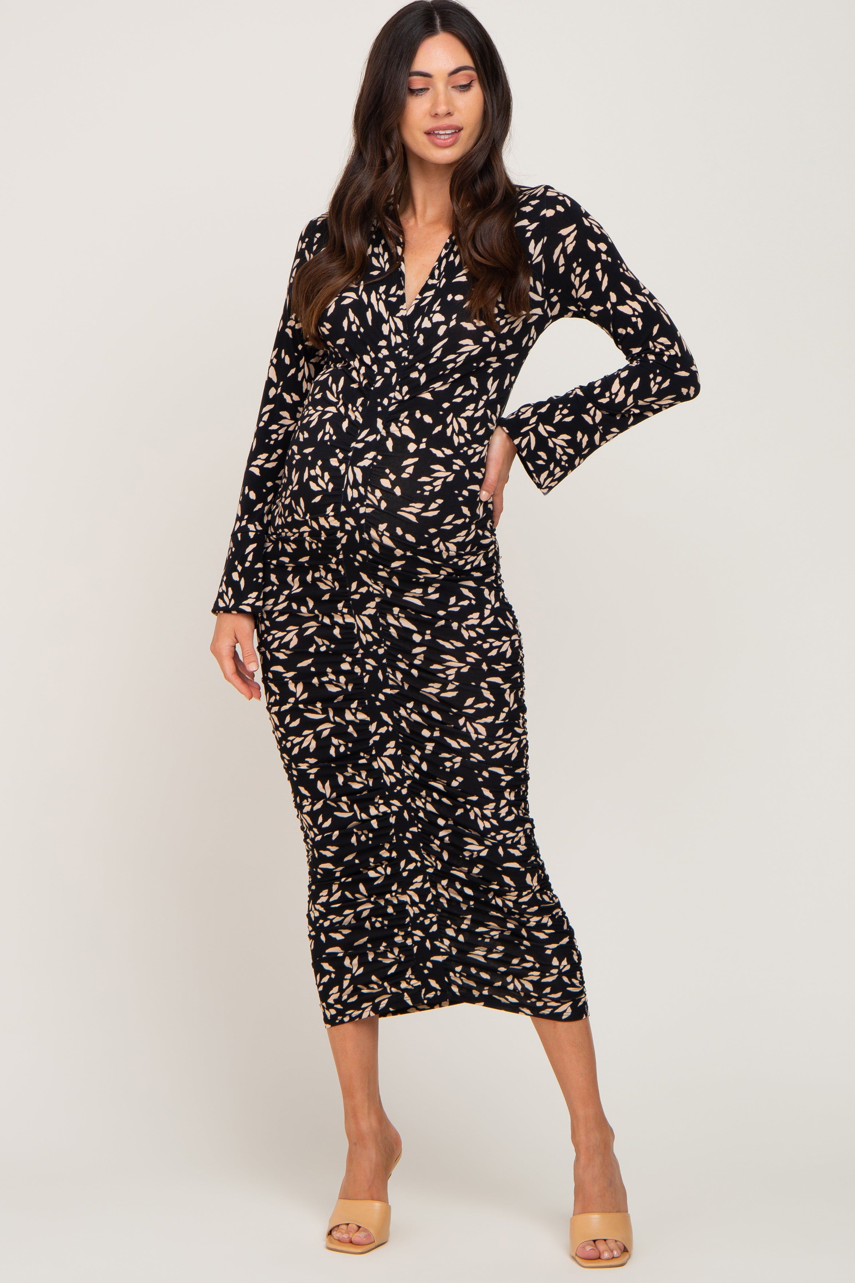 Black Printed Long Sleeve Ruched Maternity Dress sold by Pinkblush