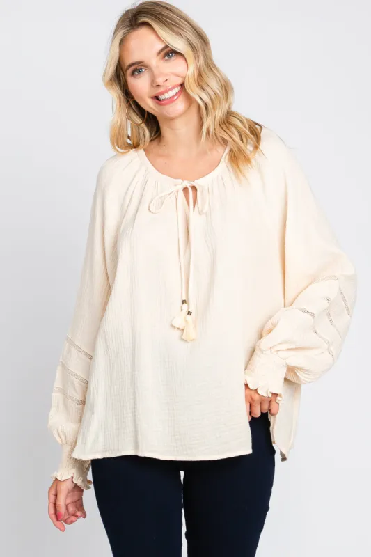 Cream Tie Front Long Sleeve Blouse sold by Pinkblush