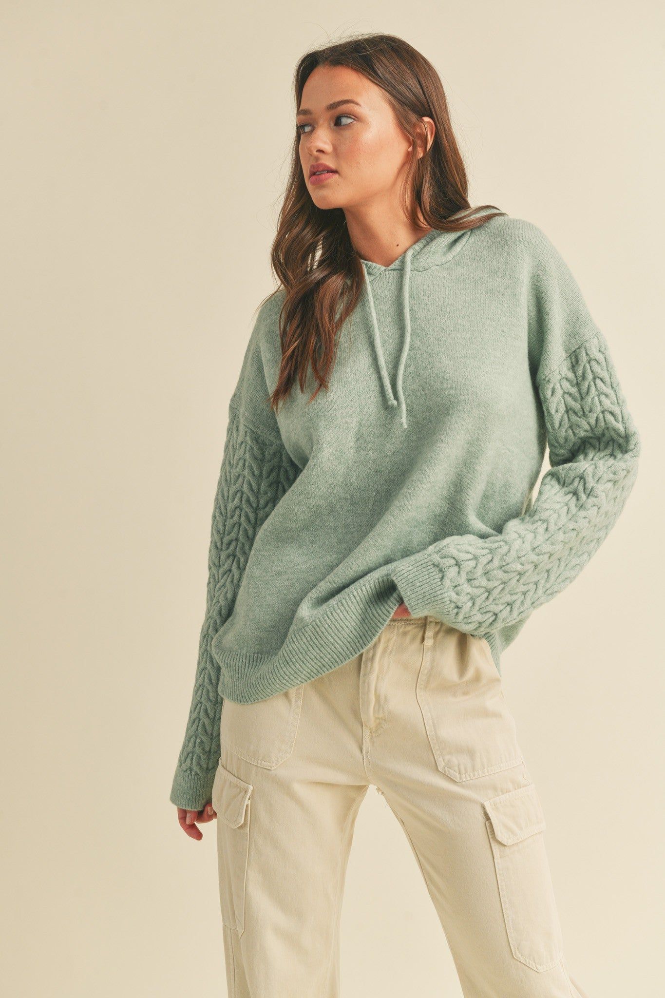 Mint Green Mixed Knit Hooded Sweater sold by Pinkblush