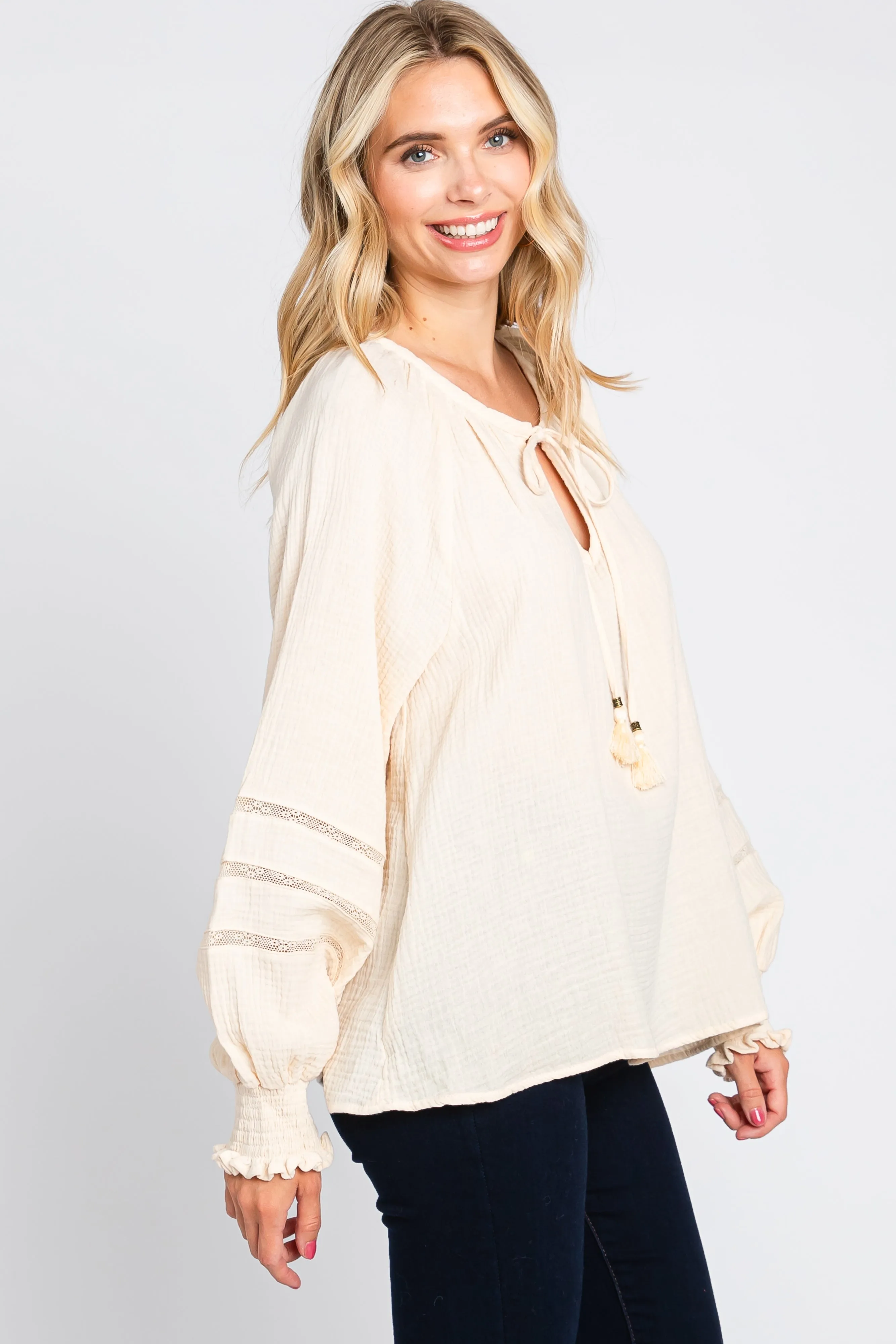 Cream Tie Front Long Sleeve Blouse sold by Pinkblush product image thumbnail 2