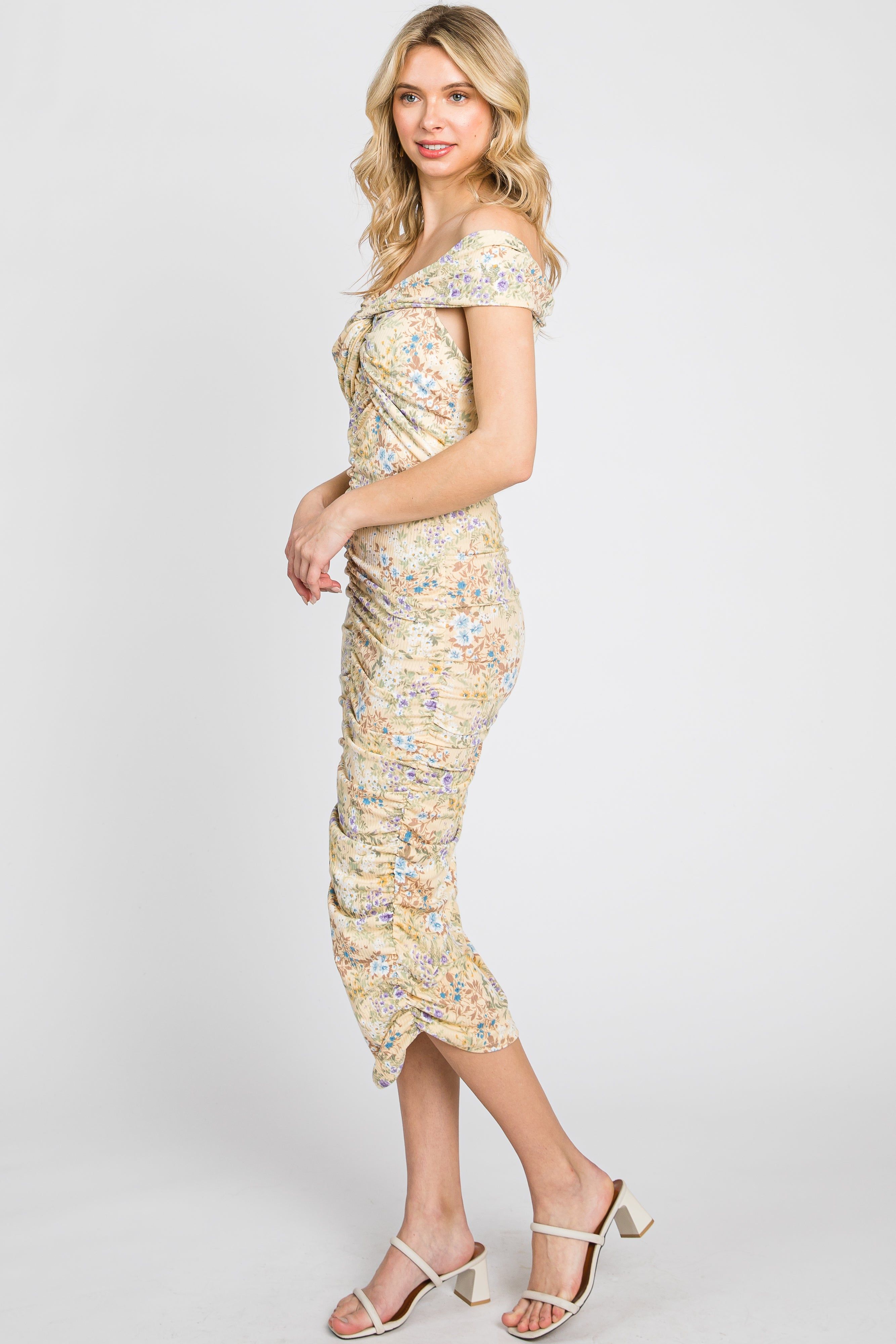 Yellow Floral Ribbed Ruched Off Shoulder Mid Dress sold by Pinkblush product image thumbnail 4