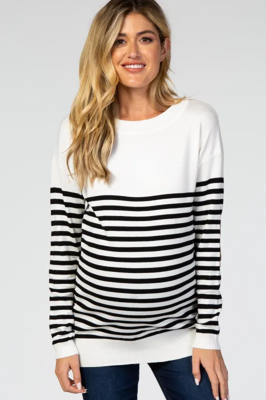 PinkBlush Ivory Striped Elbow Patch Knit Maternity Sweater sold by Pinkblush