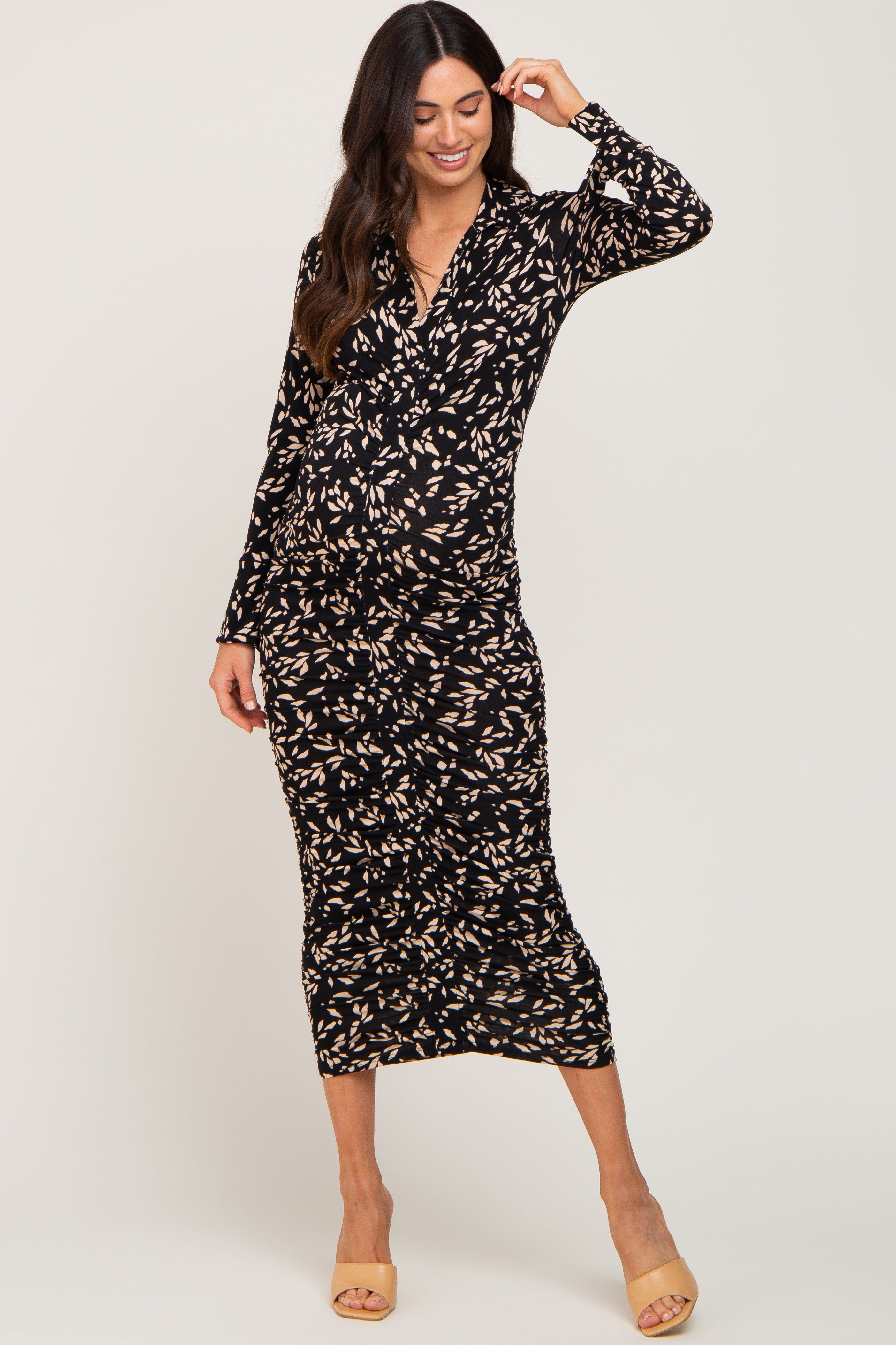 Black Printed Long Sleeve Ruched Maternity Dress sold by Pinkblush product image thumbnail 6
