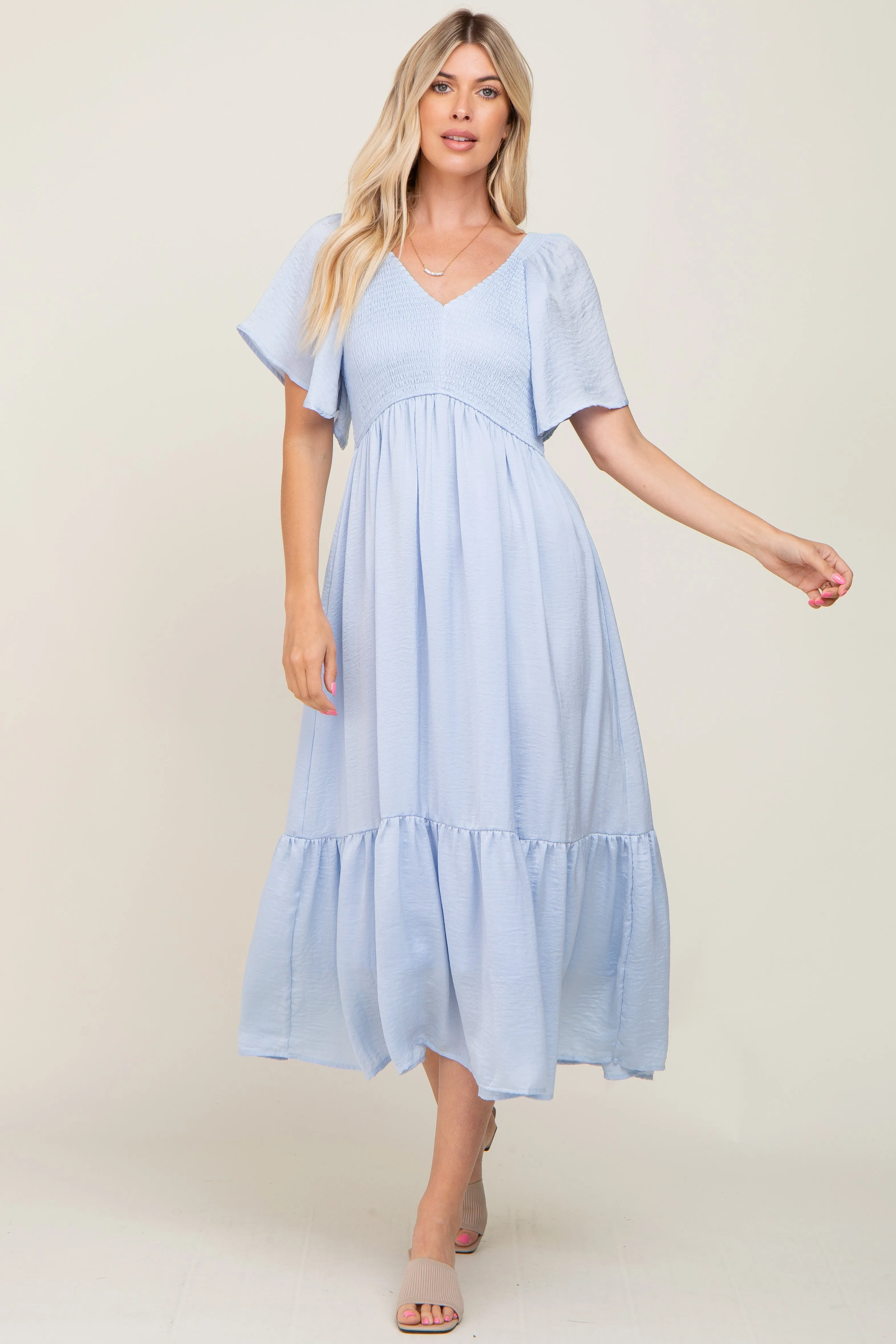 Light Blue Satin Smocked Maternity Midi Dress sold by Pinkblush product image thumbnail 4