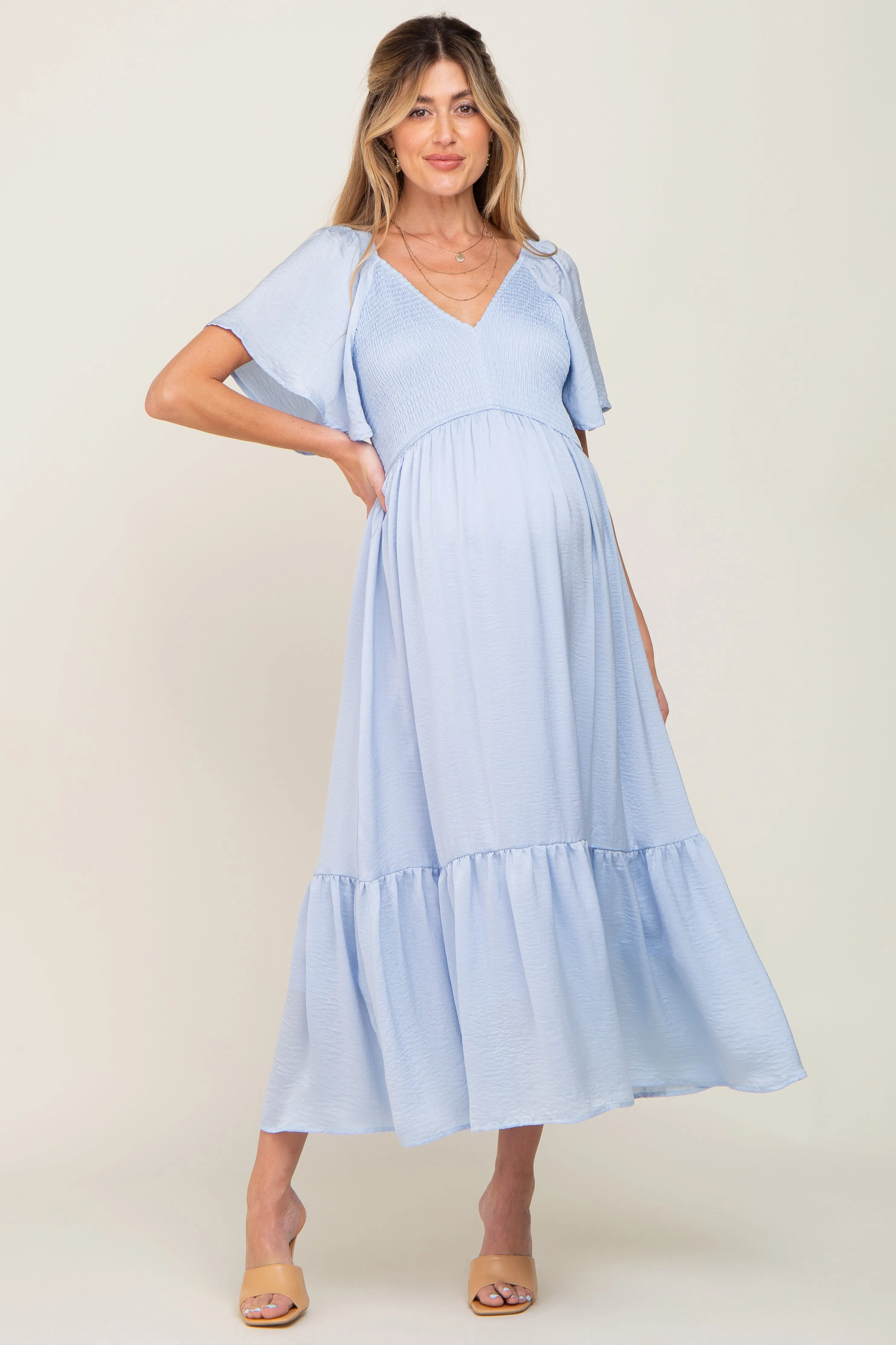 Light Blue Satin Smocked Maternity Midi Dress sold by Pinkblush