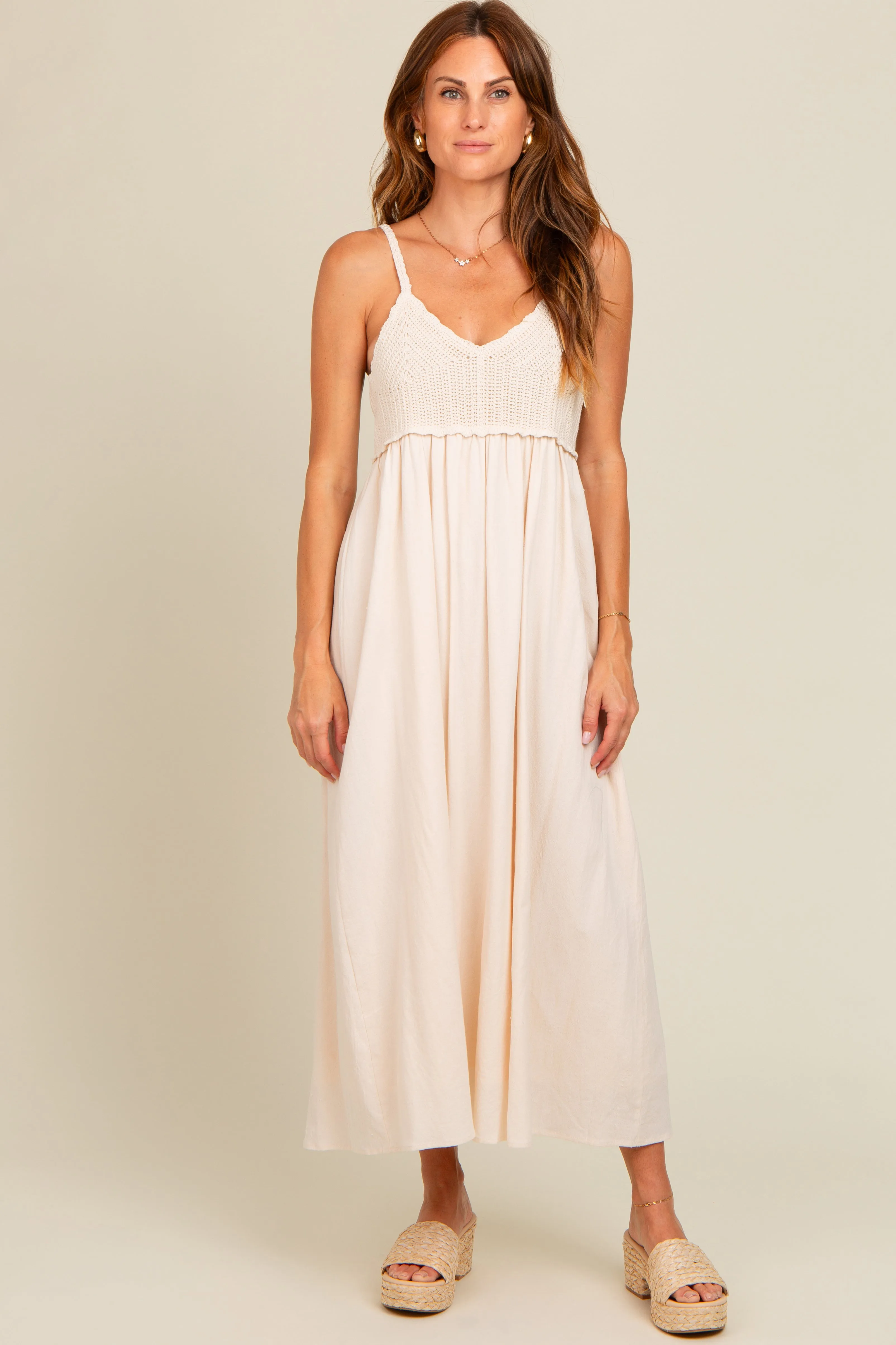 Cream V-Neck Crochet Top Midi Dress sold by Pinkblush