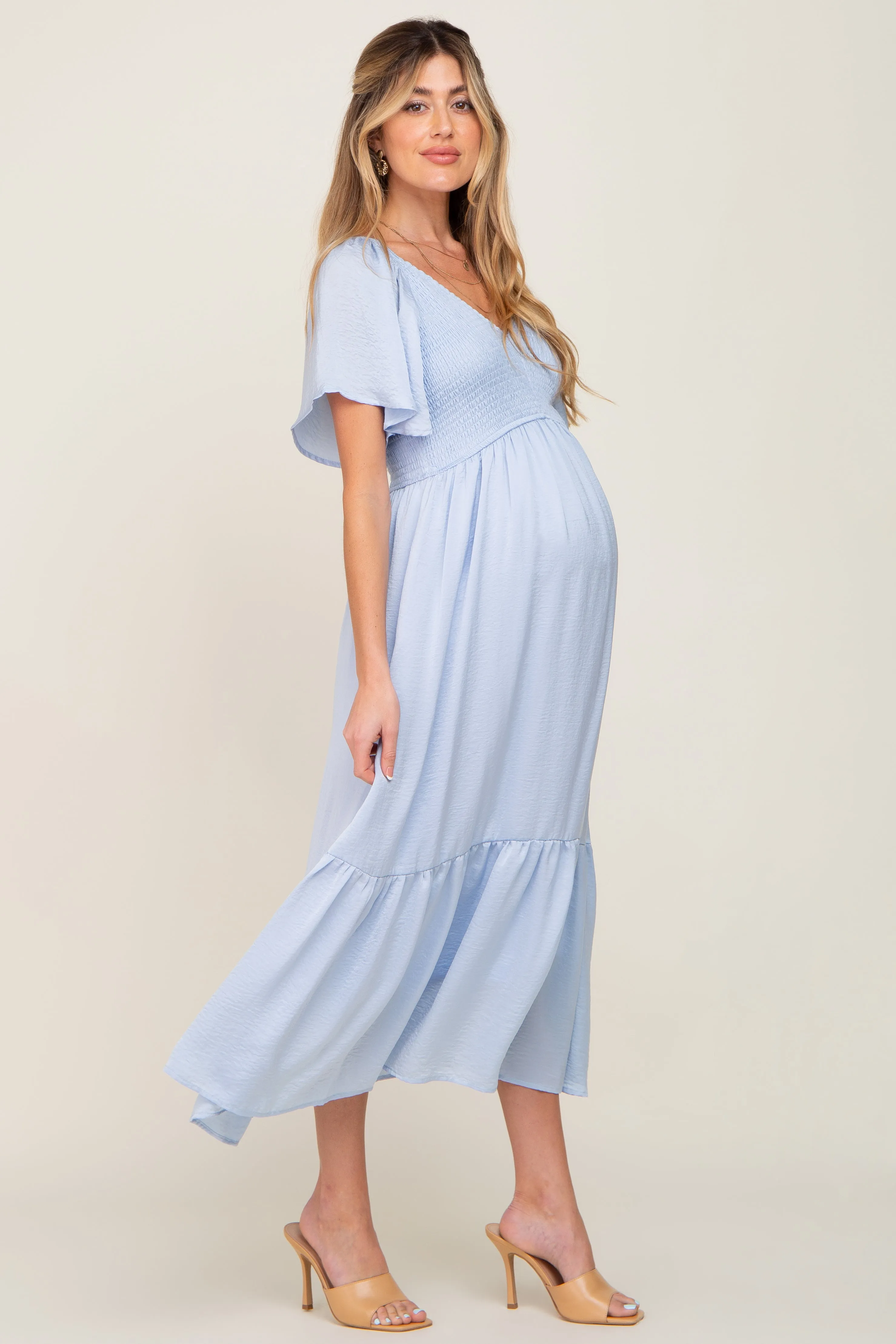 Light Blue Satin Smocked Maternity Midi Dress sold by Pinkblush product image thumbnail 2