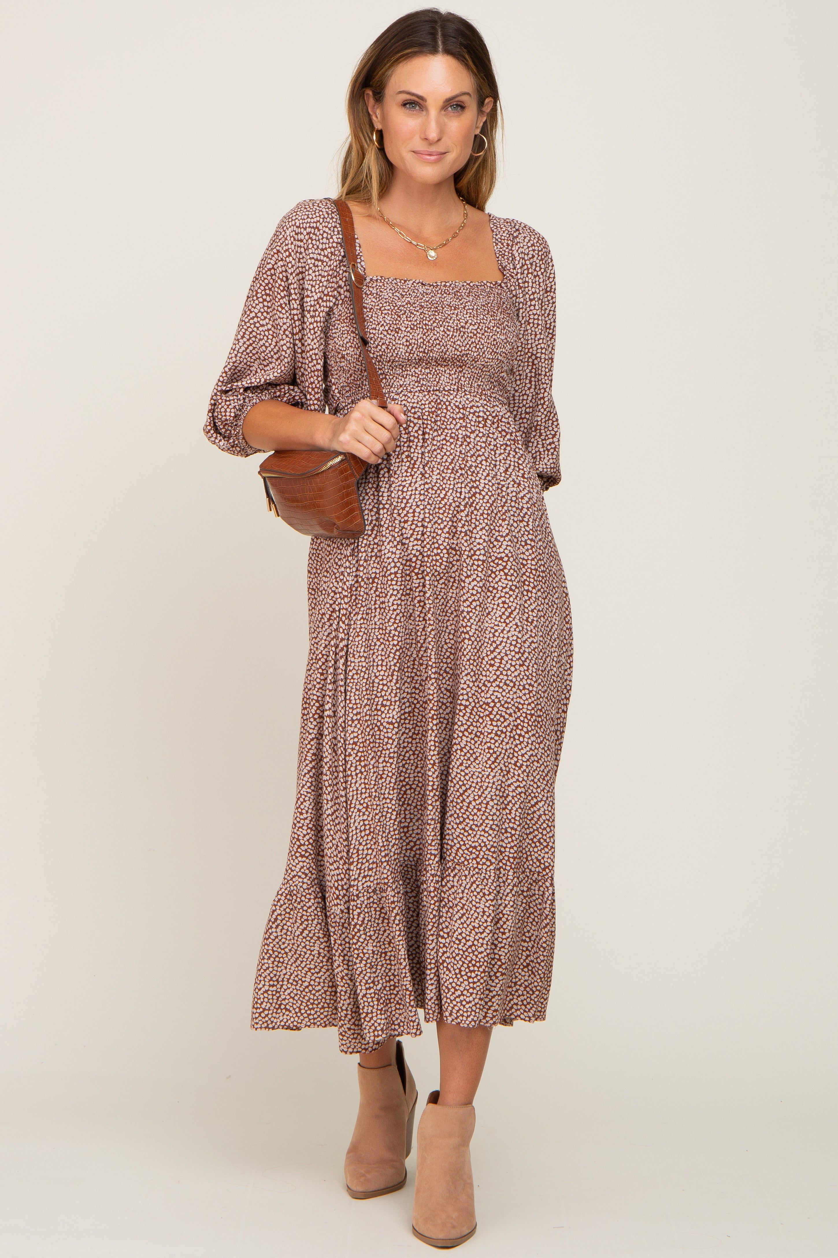 Rust Ditsy Floral Smocked 3/4 Sleeve Midi Dress sold by Pinkblush