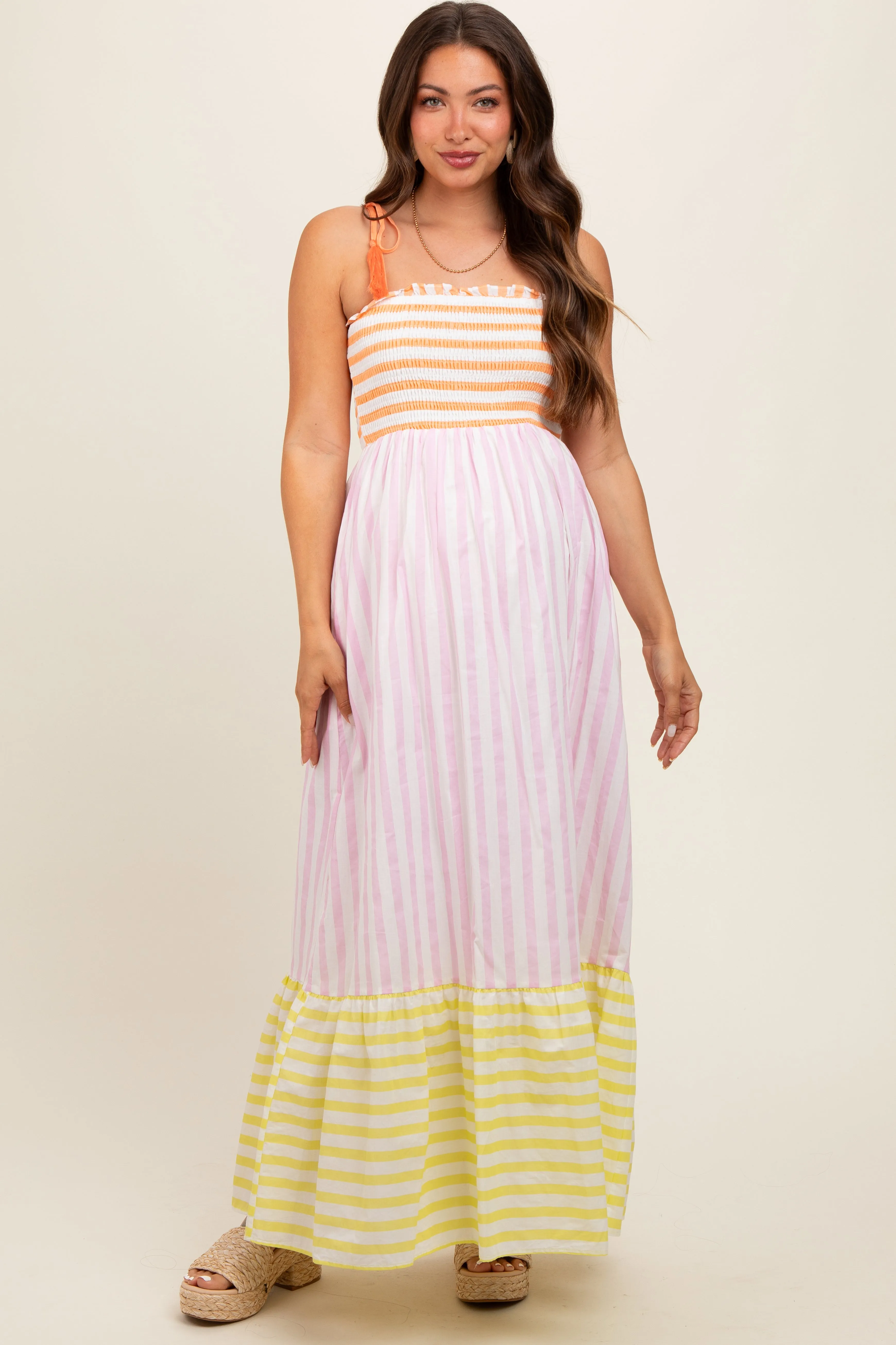 Multi-Color Striped Color Block Shoulder Tie Maternity Maxi Dress sold by Pinkblush