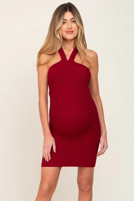Burgundy Ribbed Knit Halter Neck Maternity Fitted Dress sold by Pinkblush