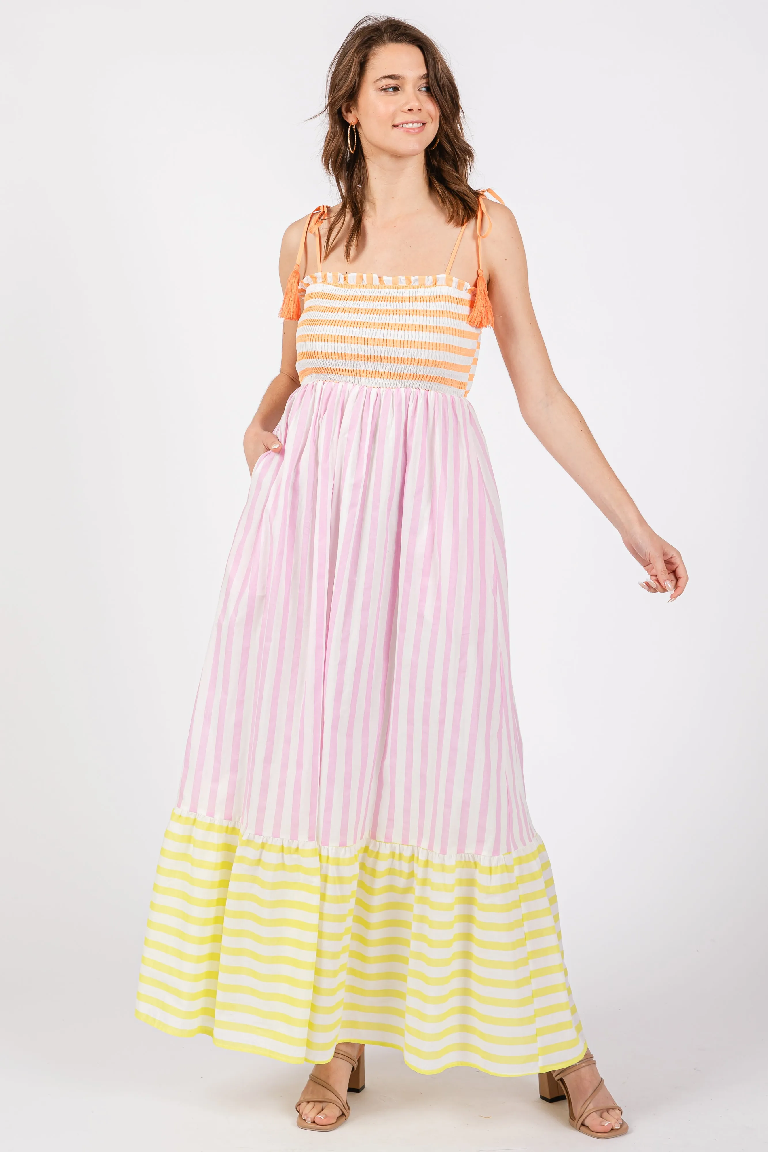 Multi-Color Striped Color Block Shoulder Tie Maternity Maxi Dress sold by Pinkblush product image thumbnail 5