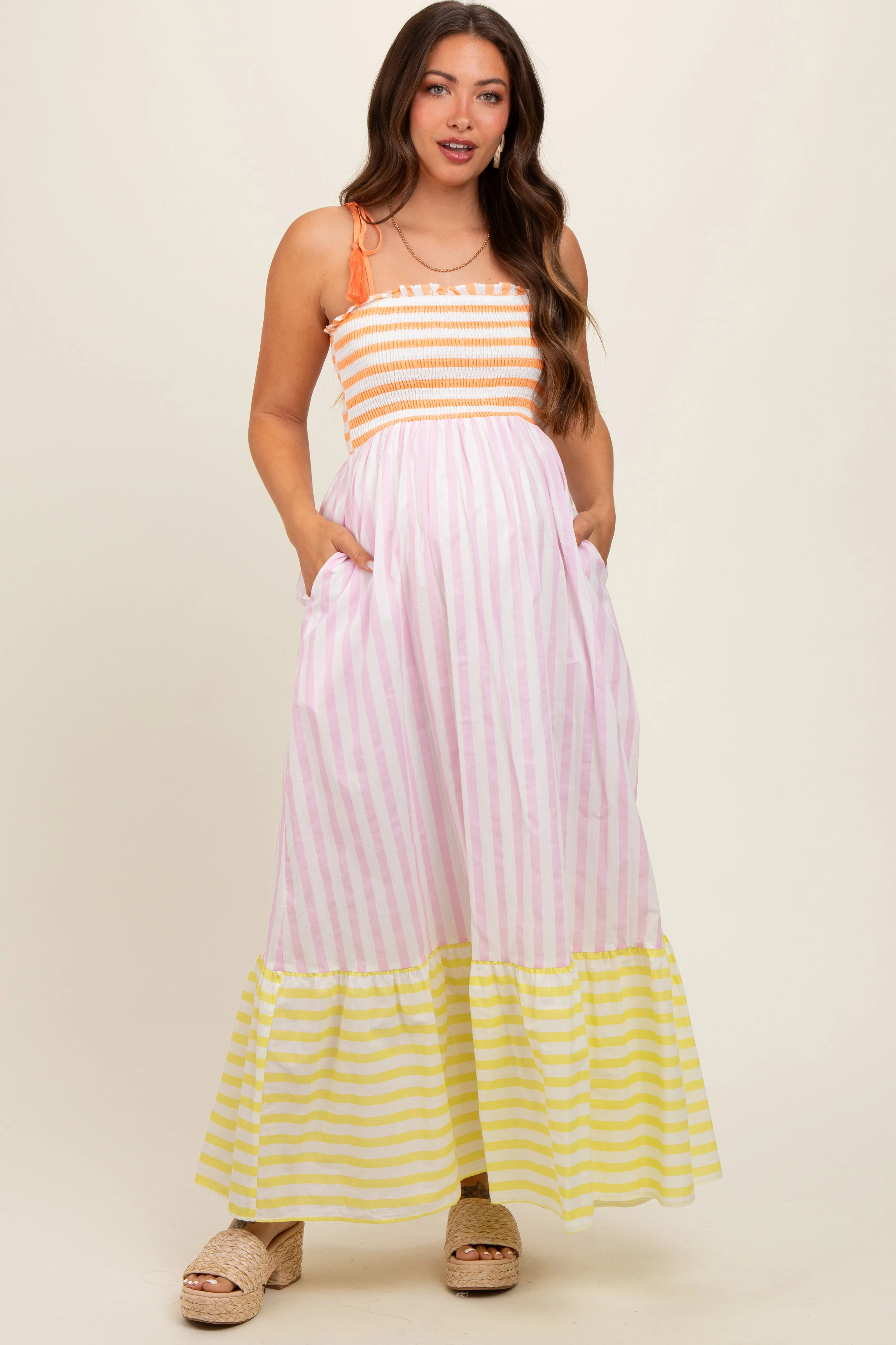 Multi-Color Striped Color Block Shoulder Tie Maternity Maxi Dress sold by Pinkblush product image thumbnail 2