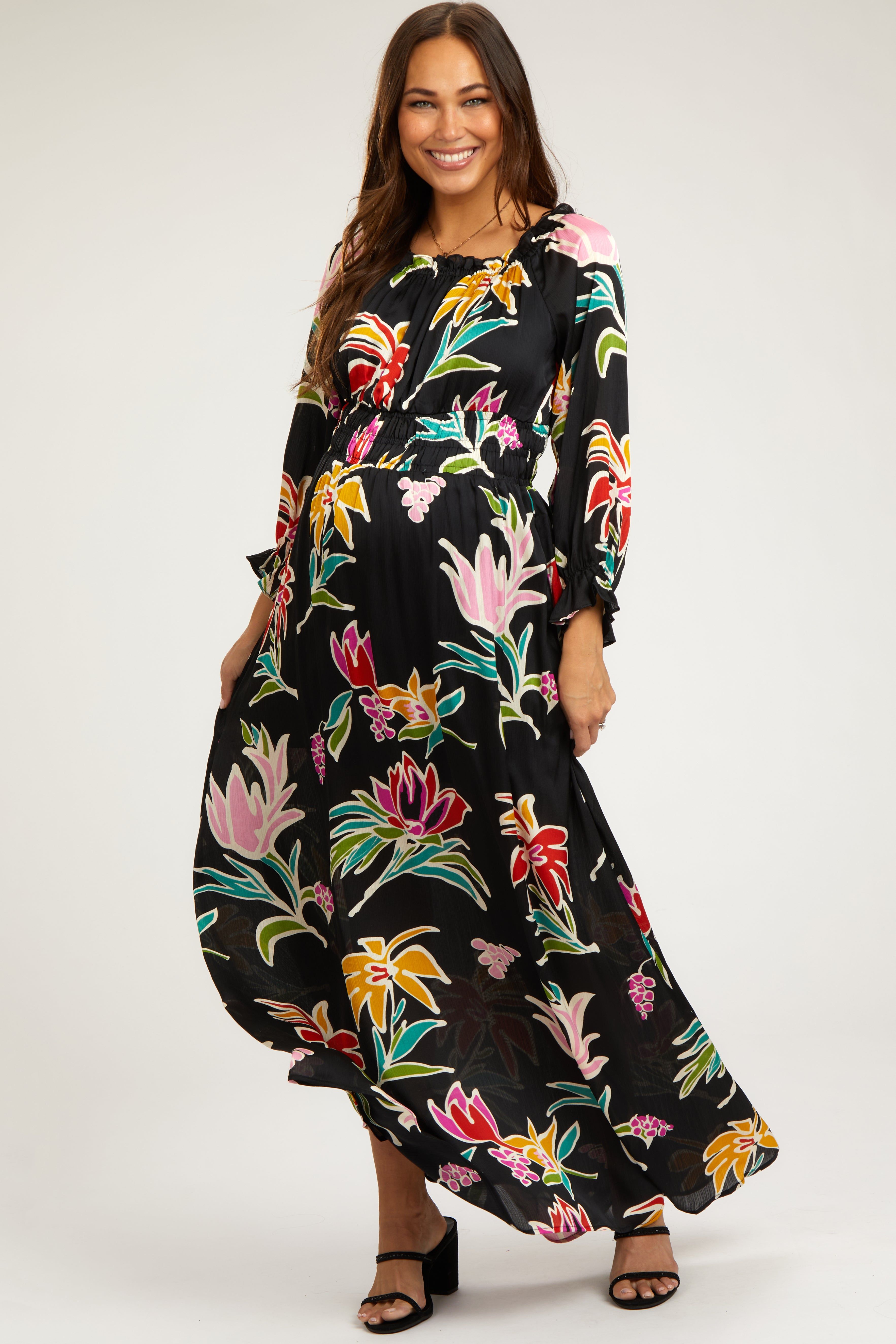 Black Floral Ruffle Neck Maternity Maxi Dress sold by Pinkblush
