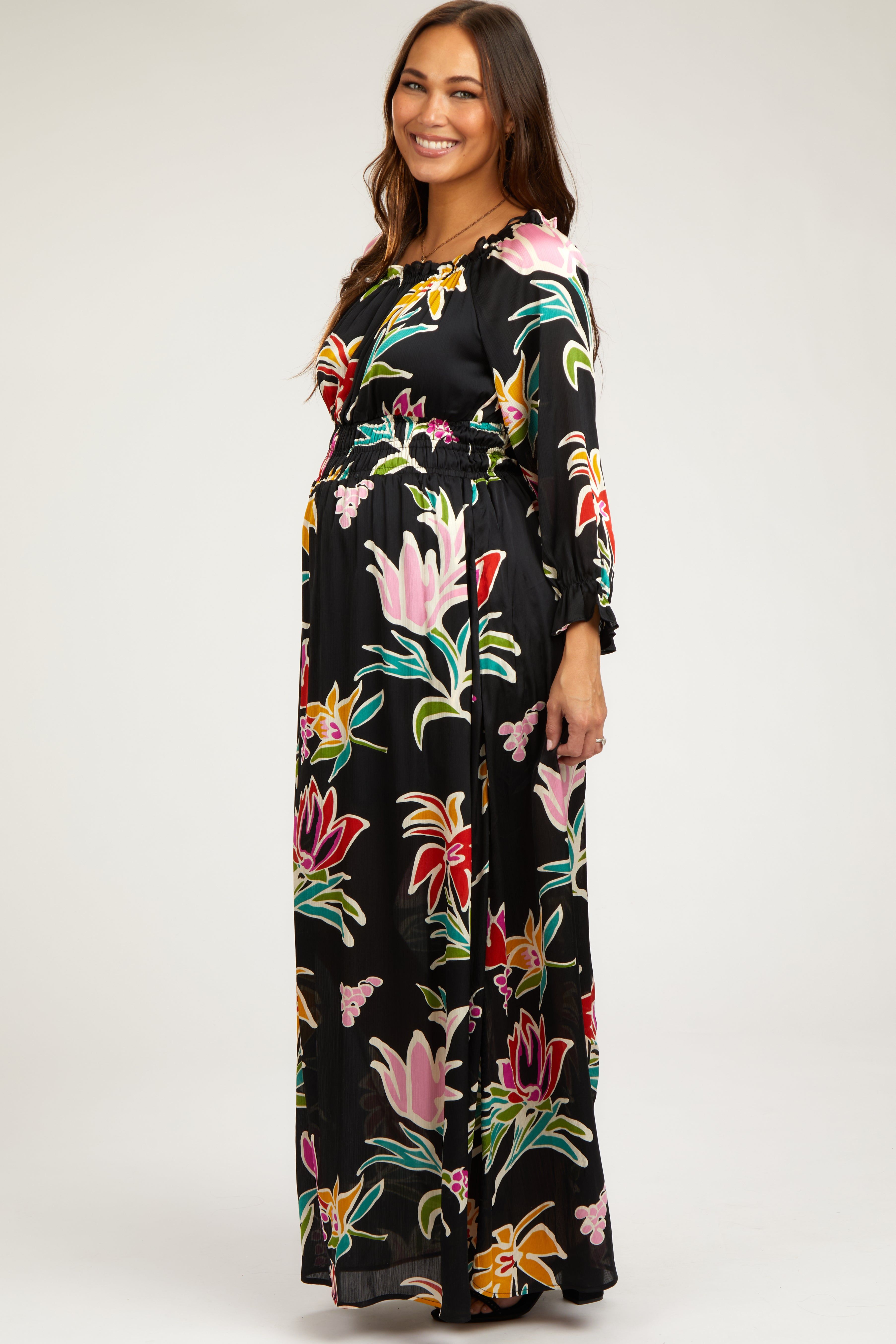 Black Floral Ruffle Neck Maternity Maxi Dress sold by Pinkblush product image thumbnail 2