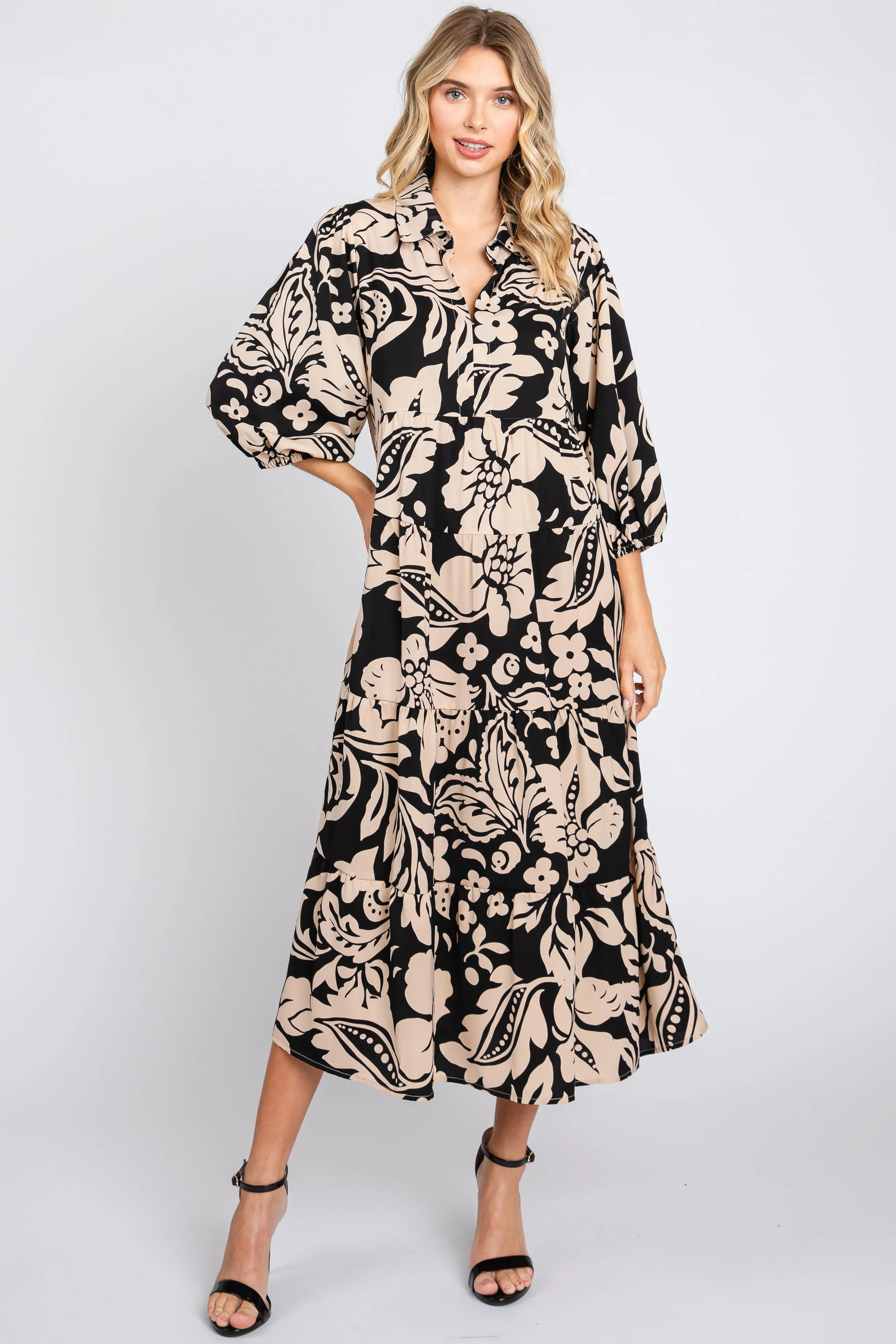 Black Floral Collared Tiered Maternity Midi Dress sold by Pinkblush product image thumbnail 4