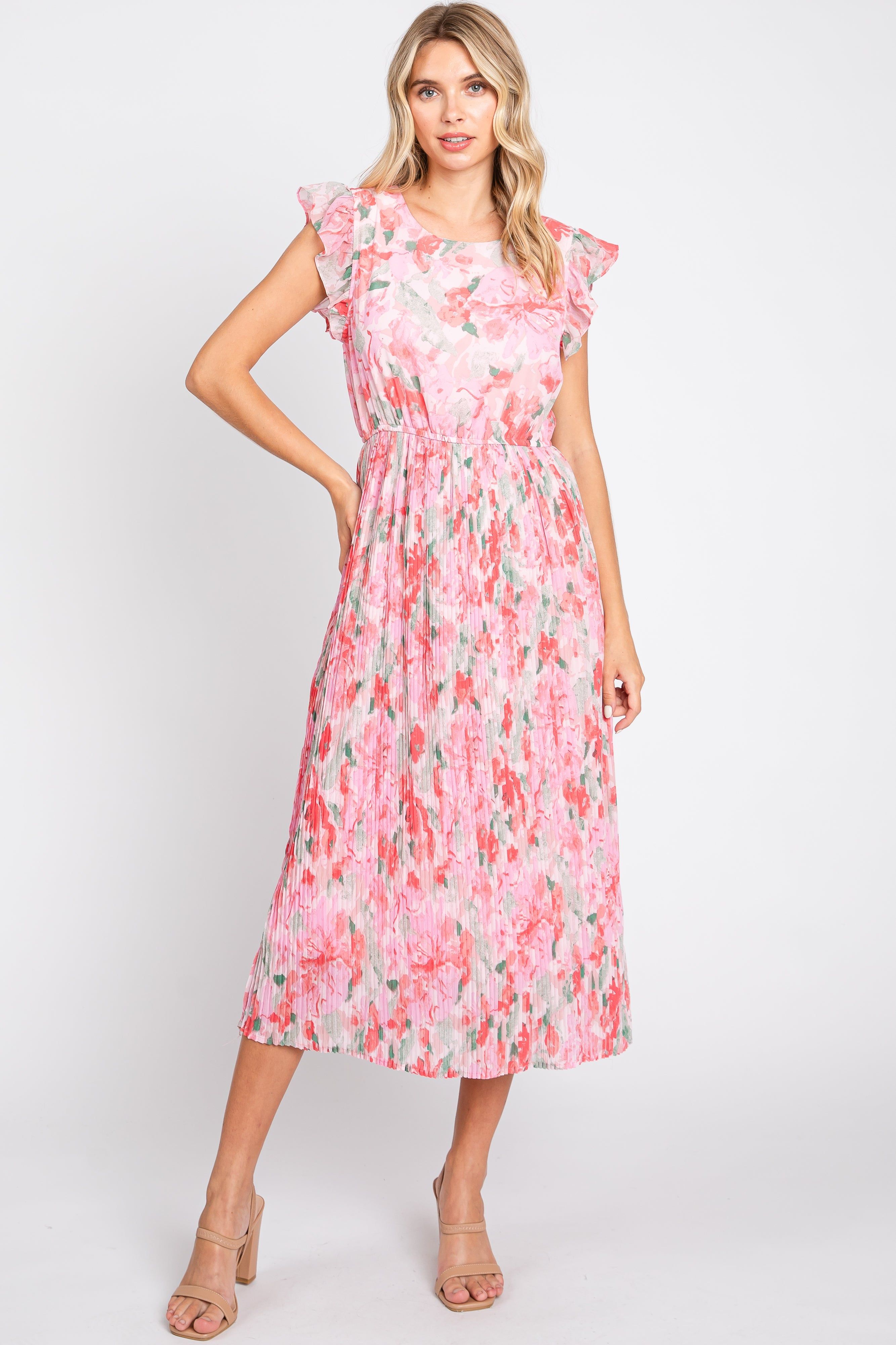 Pink Floral Chiffon Pleated Maternity Midi Dress sold by Pinkblush product image thumbnail 5