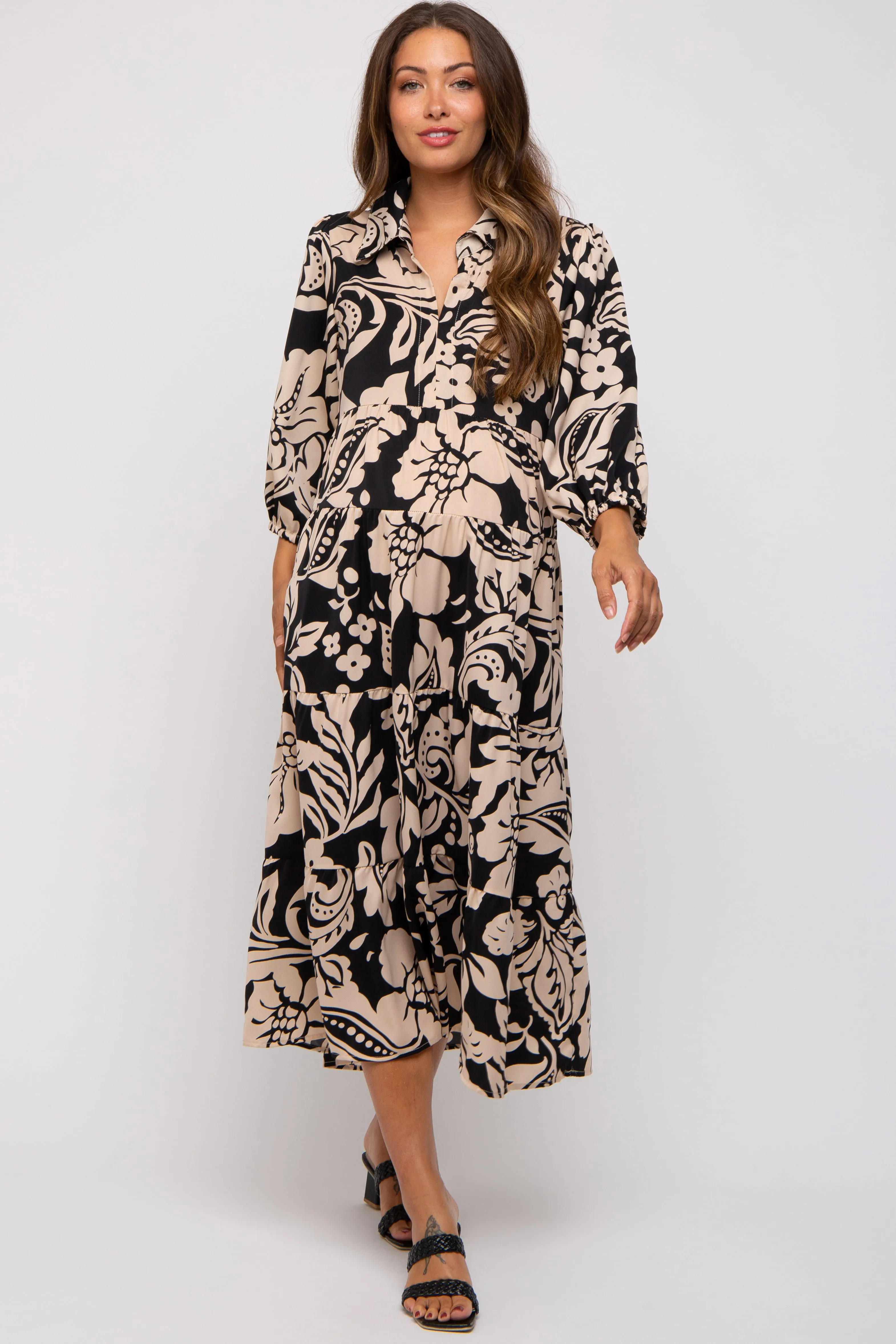 Black Floral Collared Tiered Maternity Midi Dress sold by Pinkblush