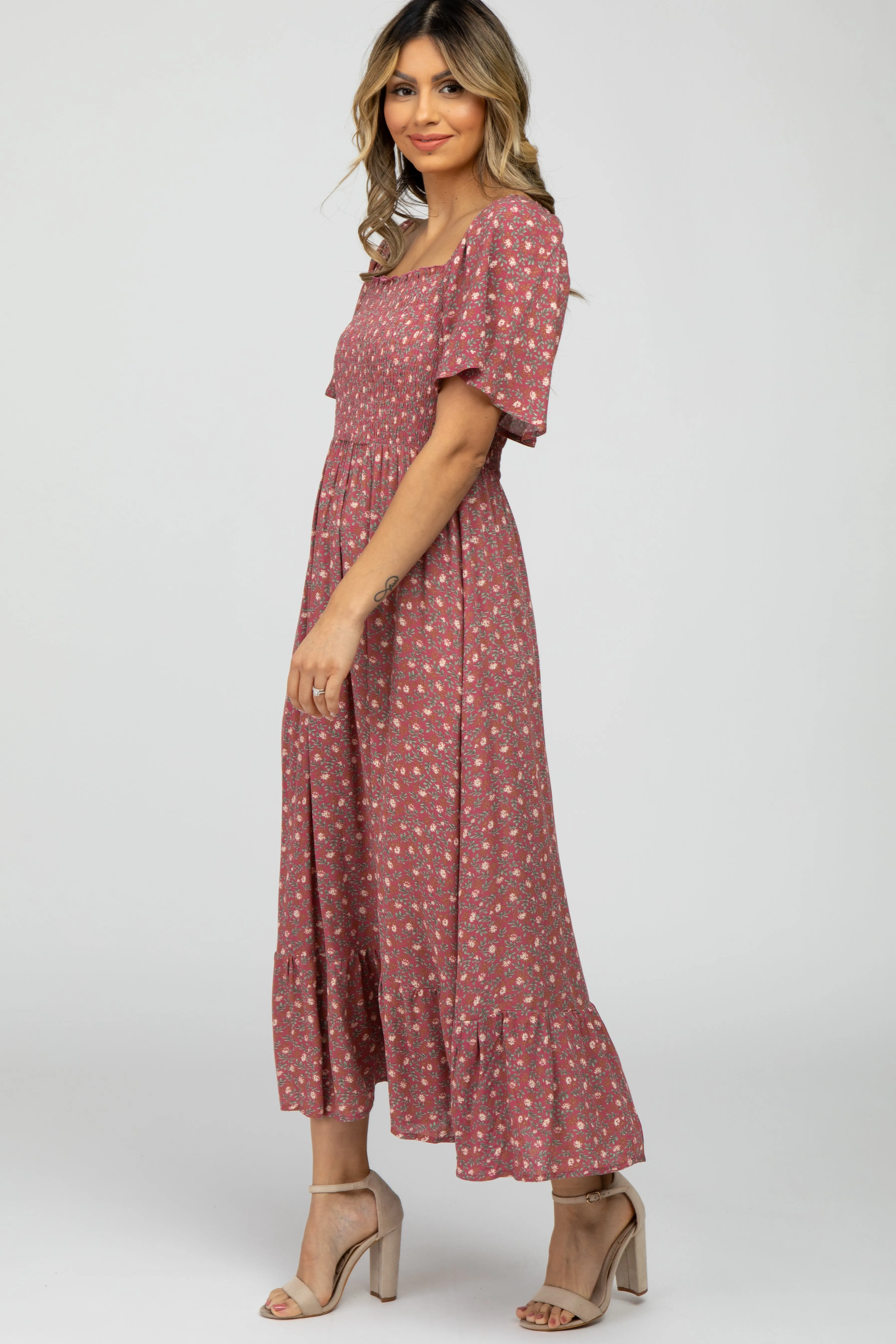 Mauve Floral Smocked Square Neck Midi Dress sold by Pinkblush product image thumbnail 3