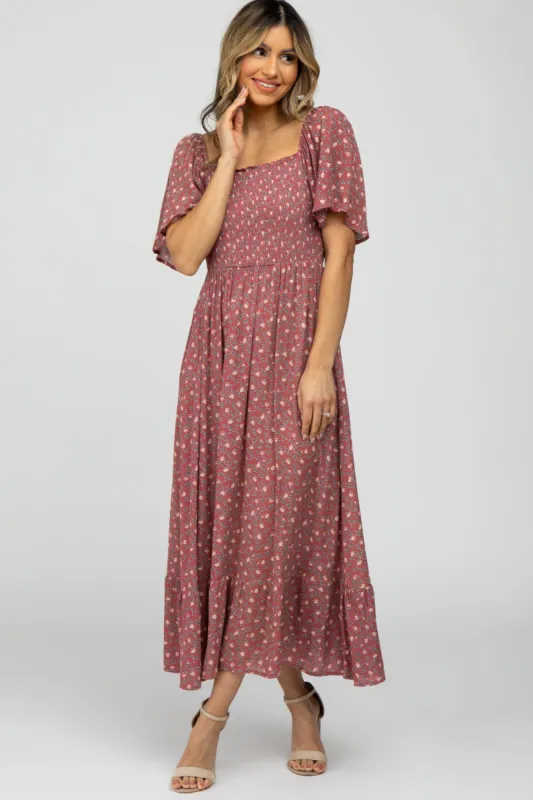 Mauve Floral Smocked Square Neck Midi Dress sold by Pinkblush