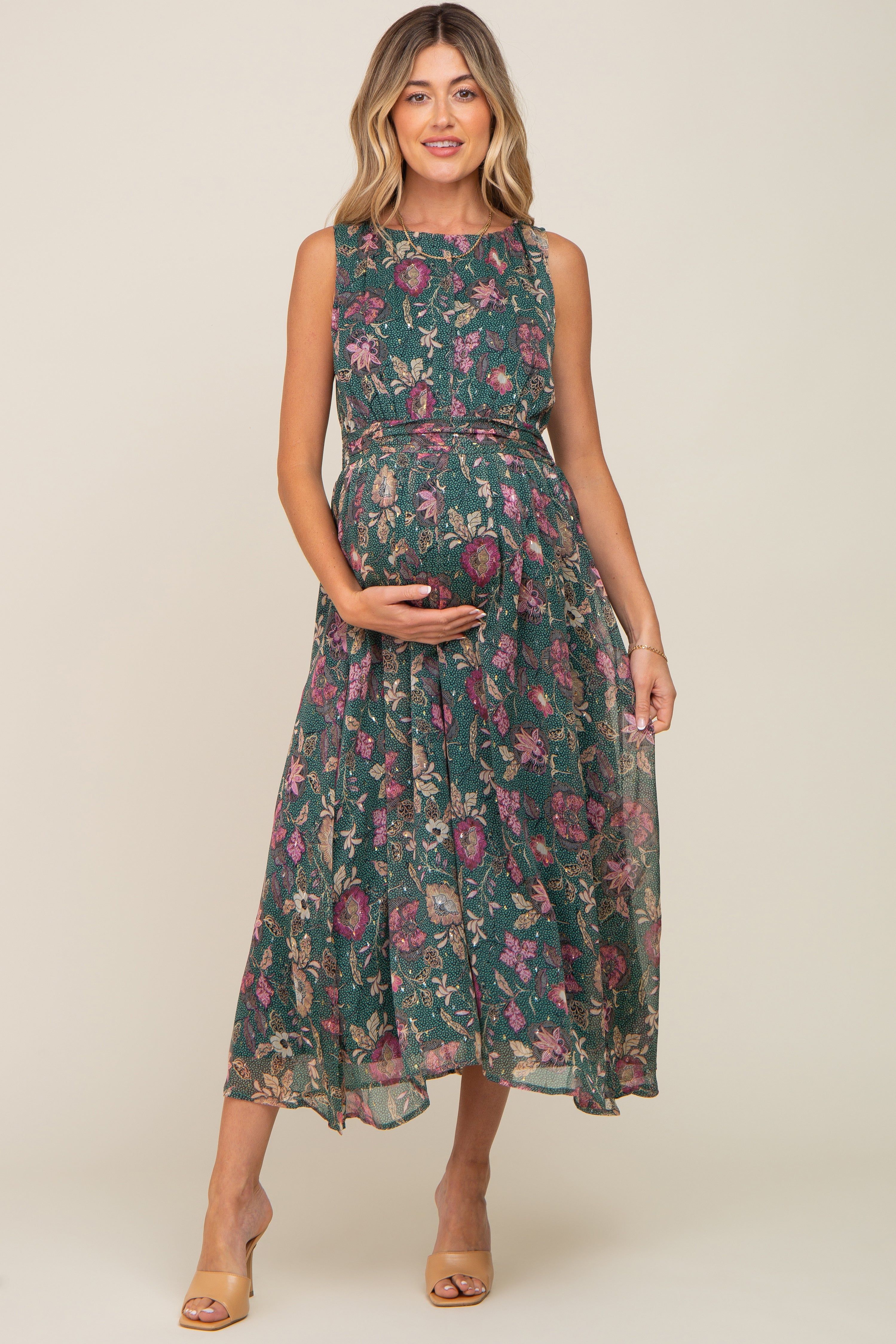 Forest Green Floral Maternity Maxi Dress sold by Pinkblush