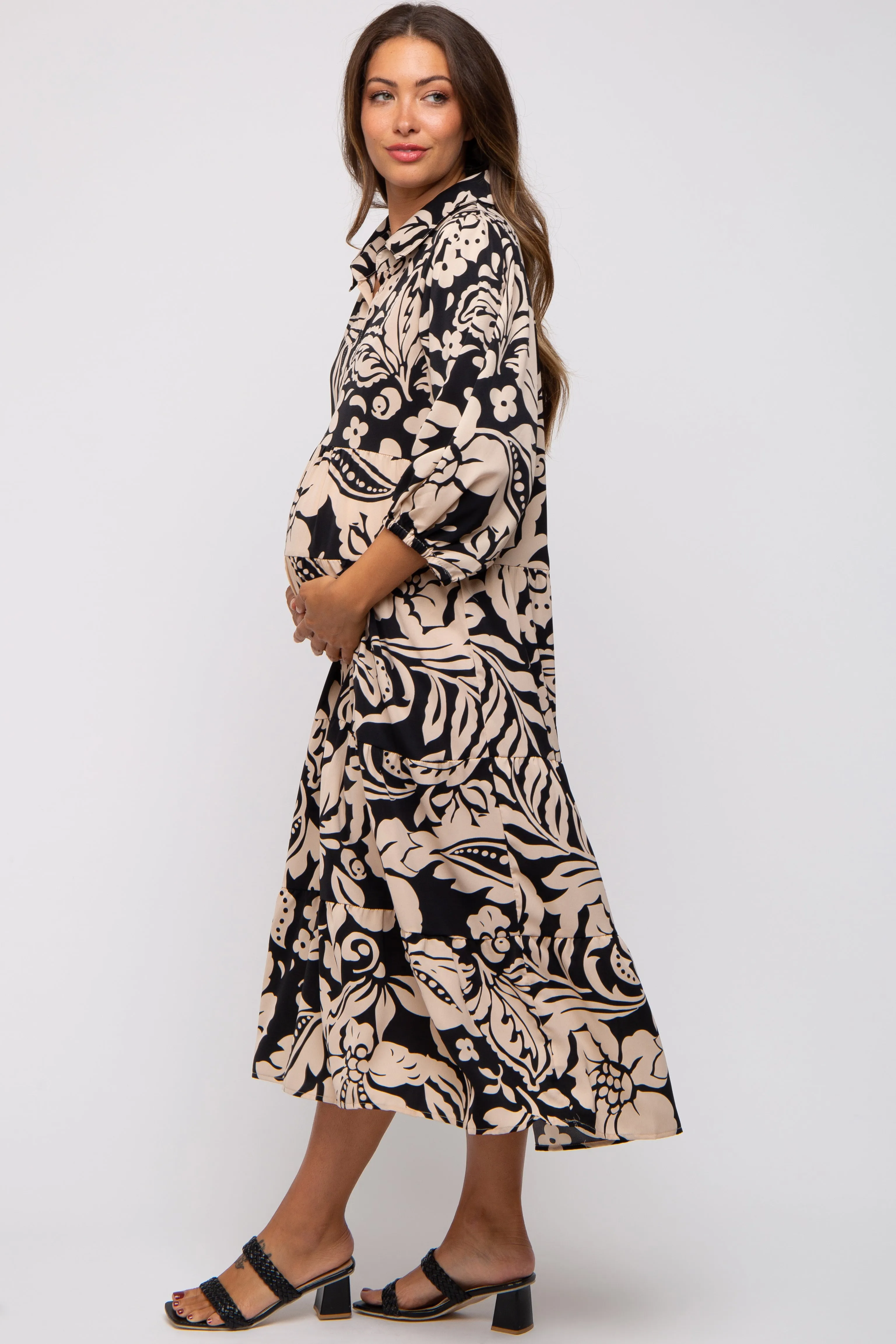 Black Floral Collared Tiered Maternity Midi Dress sold by Pinkblush product image thumbnail 2