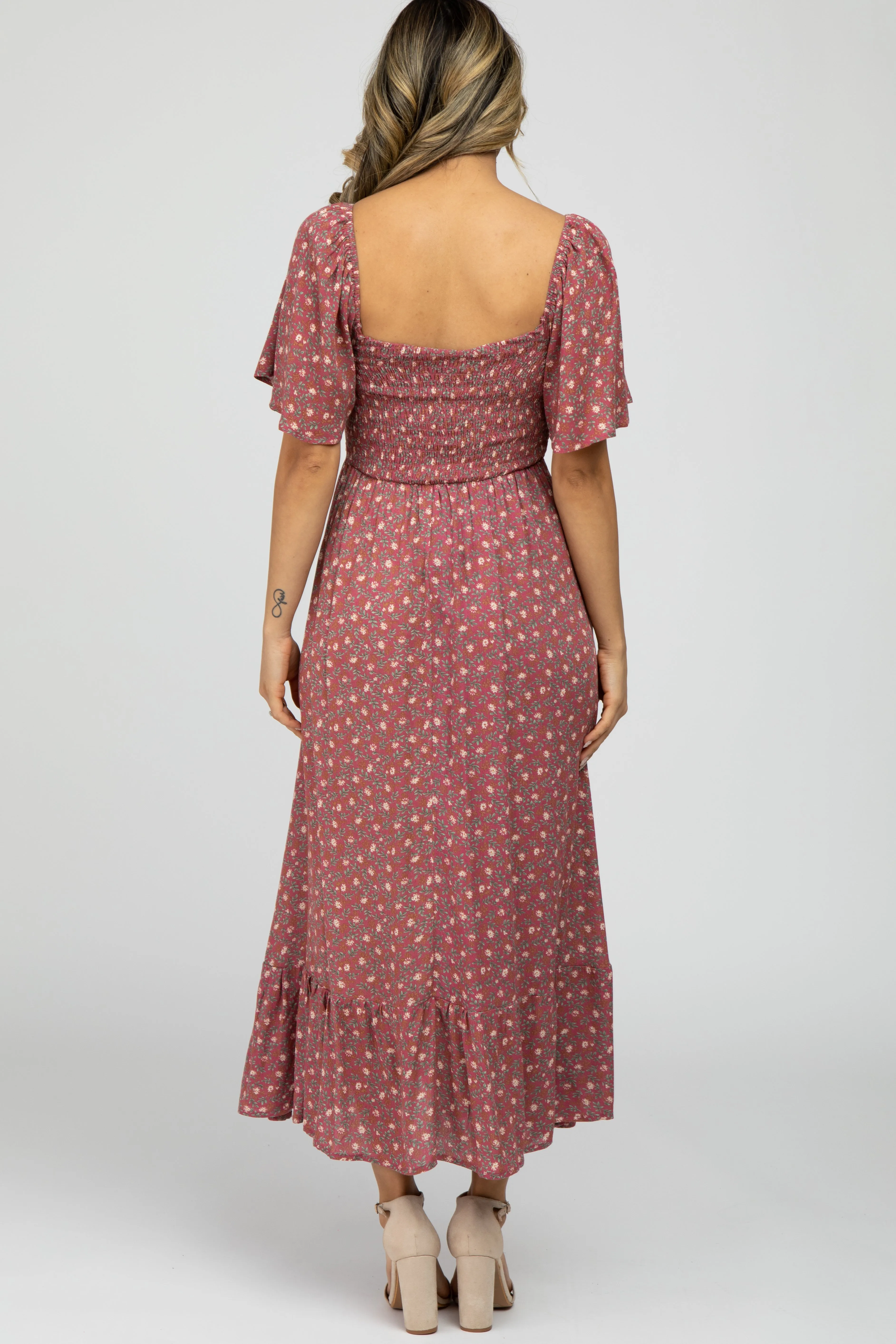 Mauve Floral Smocked Square Neck Midi Dress sold by Pinkblush product image thumbnail 4