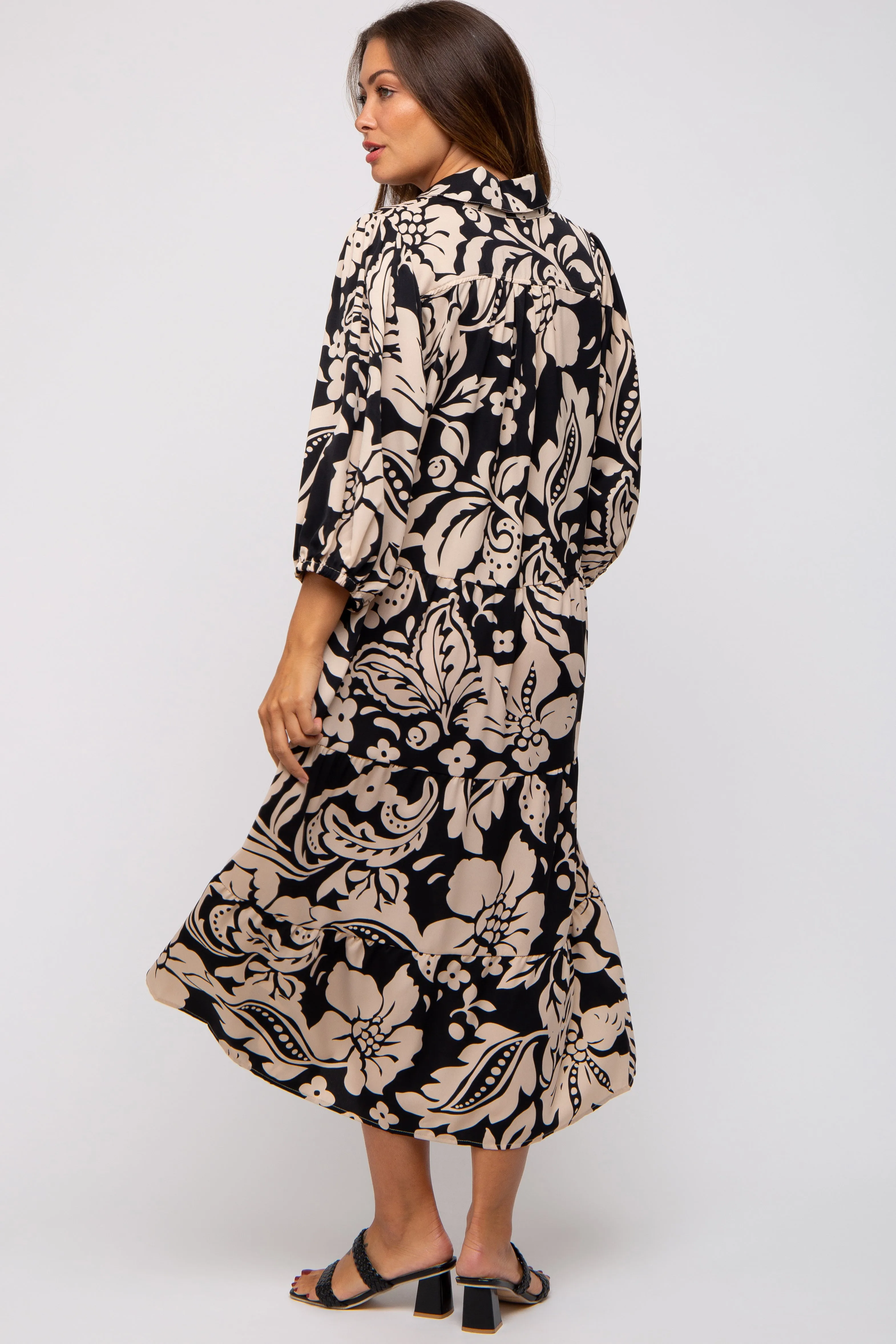Black Floral Collared Tiered Maternity Midi Dress sold by Pinkblush product image thumbnail 3