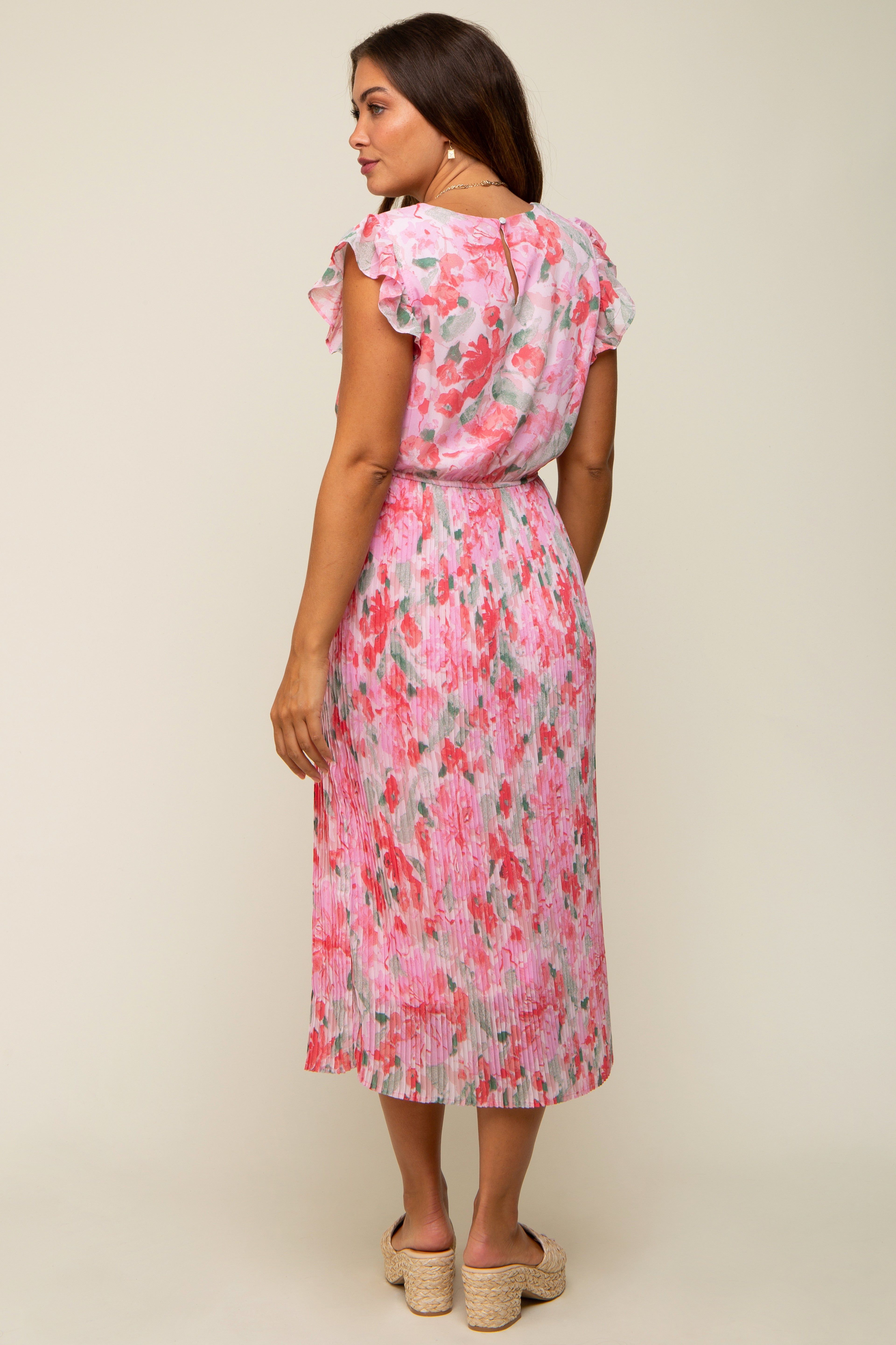 Pink Floral Chiffon Pleated Maternity Midi Dress sold by Pinkblush product image thumbnail 4