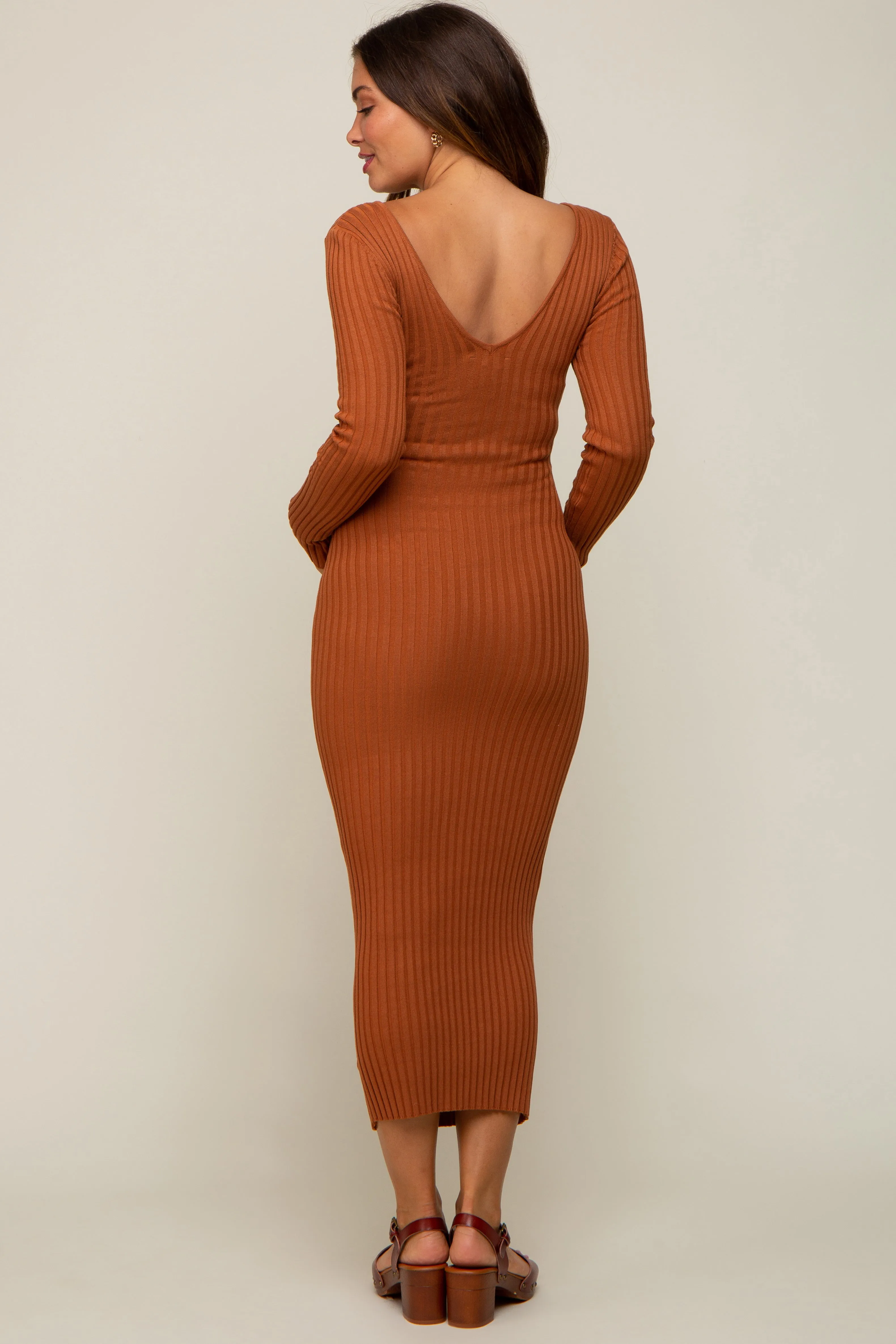 Camel V-Neck Long Sleeve Fitted Maternity Maxi Dress sold by Pinkblush product image thumbnail 3