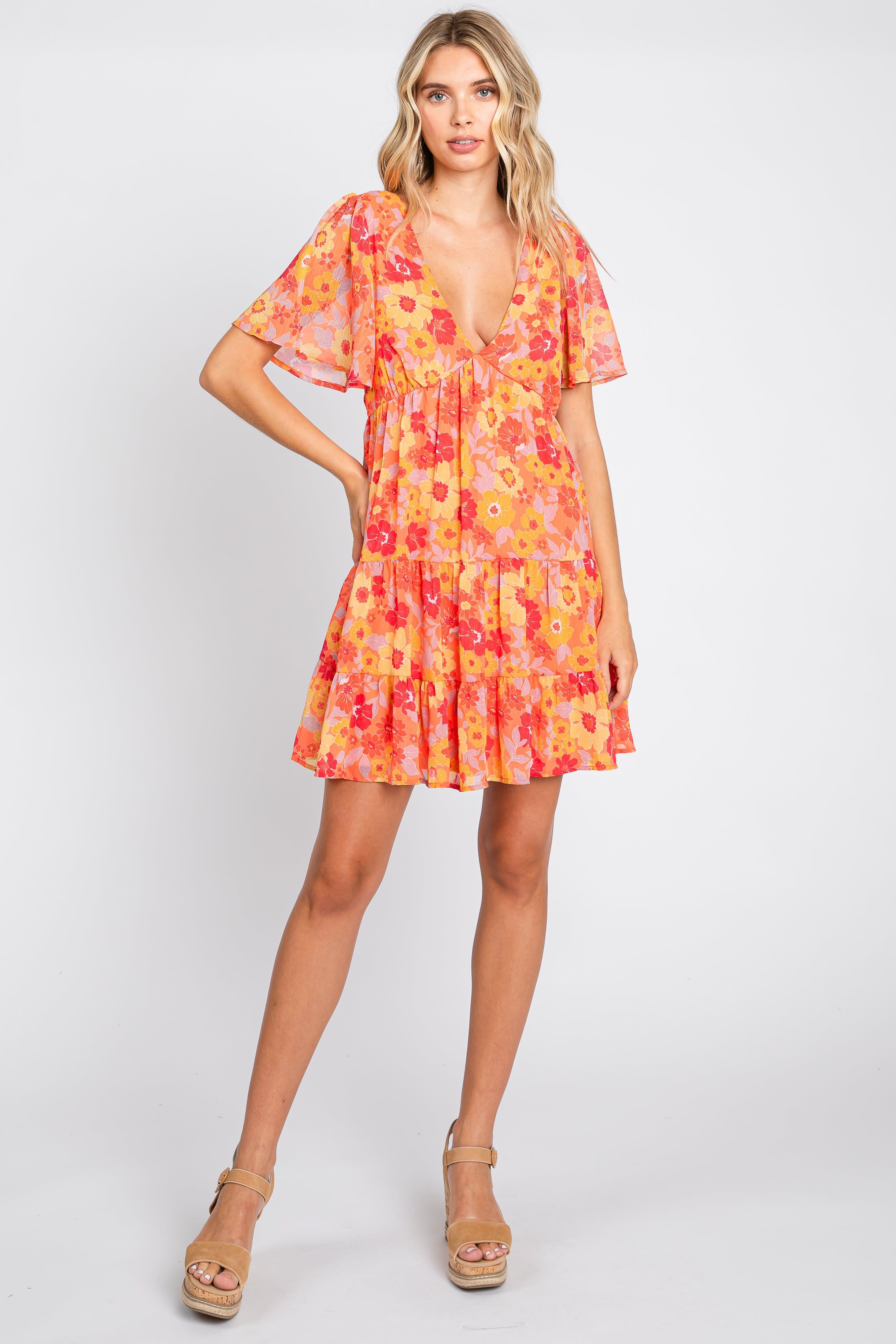 Orange Floral Chiffon Flutter Short Sleeve Lace-Up Back Dress sold by Pinkblush product image thumbnail 4
